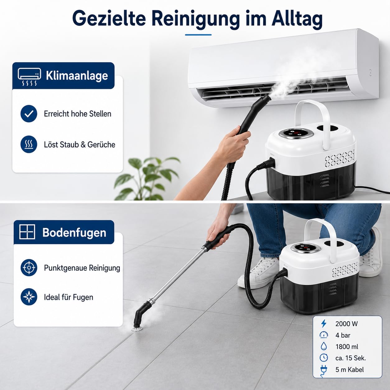 1500W Dampfreiniger Handgerät mit 1,8 L Wassertank, 6-Stufen