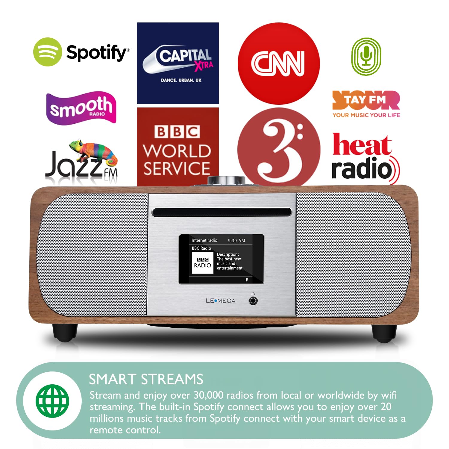 LEMEGA M5P Radio Dab avec Lecteur CD,Radio Internet WiFi,Radio Numérique Dab+ FM,Bluetooth, Spotify,Système Musical Hi-FI Stéréo 35W,Lecteur USB,Double Alarme,Horloge avec Télécommande(Noyer Foncé)