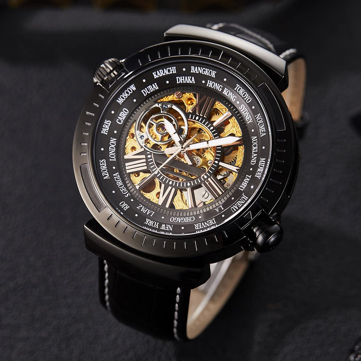 TIME100 Men's Automatic Mechanical Watch Multi-Function Skeleton Dial Stainless Steel Leather Strap Waterproof