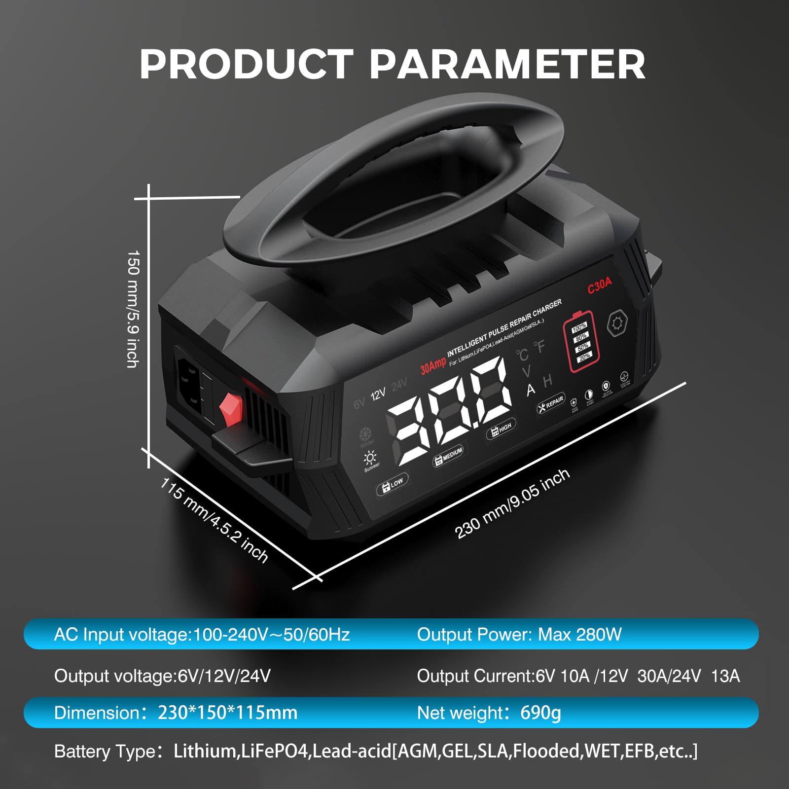 Caricabatterie C30A per batterie auto, 6 V/12 V/24 V, caricabatterie per auto, moto, tosaerba, barca, litio, LiFePO4 e piombo acido (AGM, Gel, MF, EFB, SLA, VRLA, Wet)