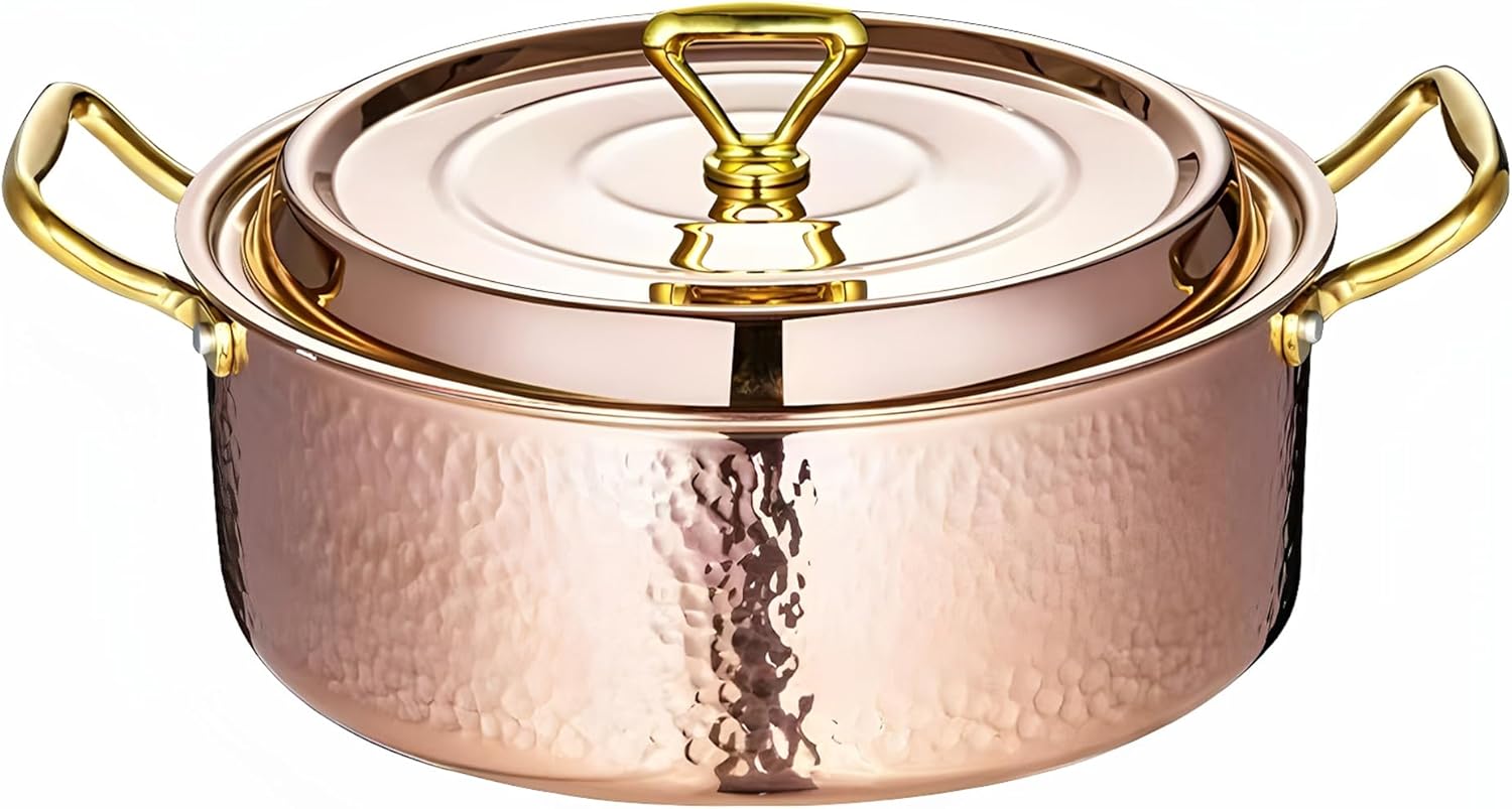 YJX 4.2QT Hammered Stock Pot with Lid, Copper Rose Gold, Tri-Ply Stainless Steel, Multi-Functional Cookware for Bake Roast Braise Saute, Magnetic Base, Dishwasher and Oven Safe (26CM)