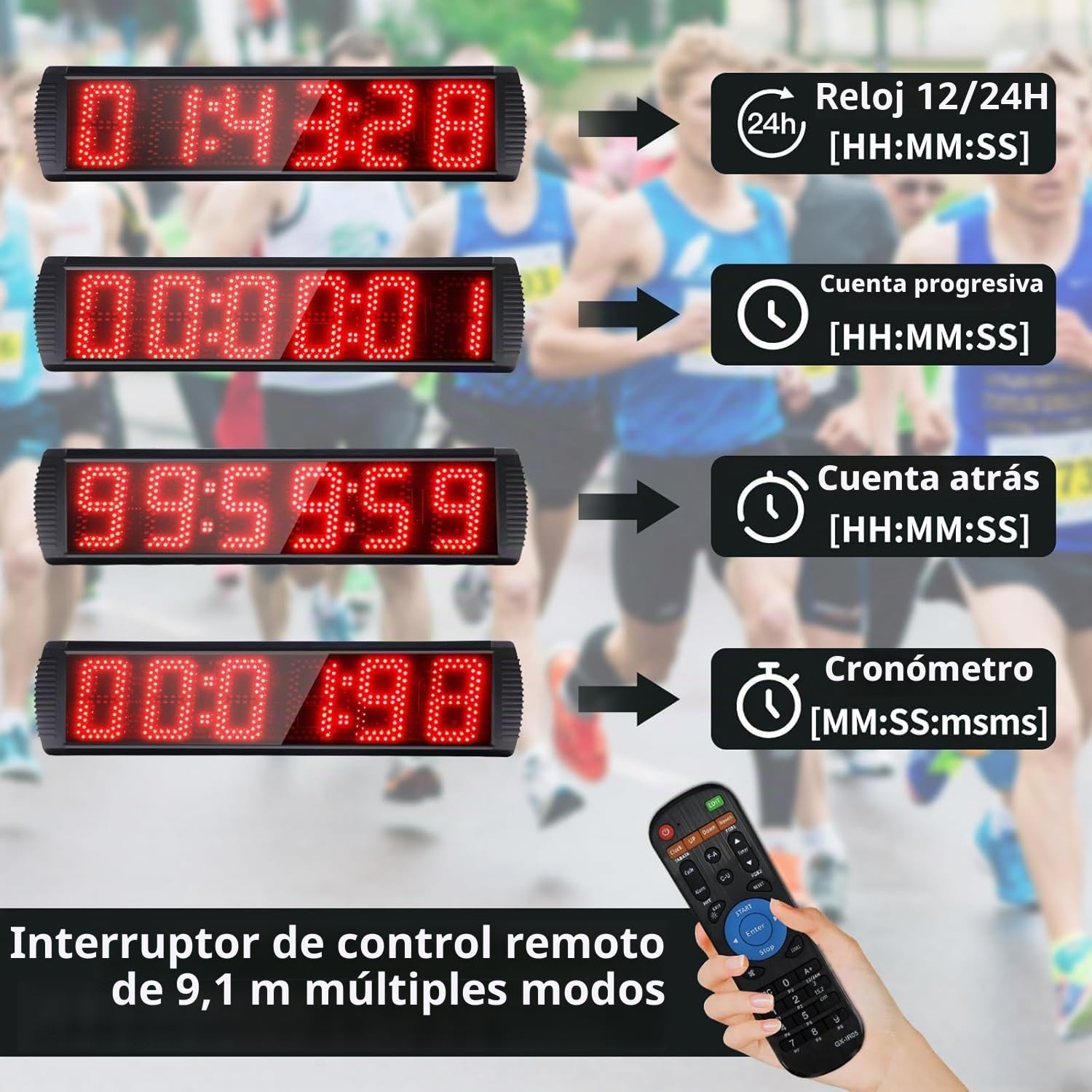 Temporizador de carreras LED de 6 dígitos de 5 pulgadas, temporizador de gimnasio para eventos de carrera para cuenta regresiva/cuenta progresiva, tiempo real de 12/24 horas, cronómetro con