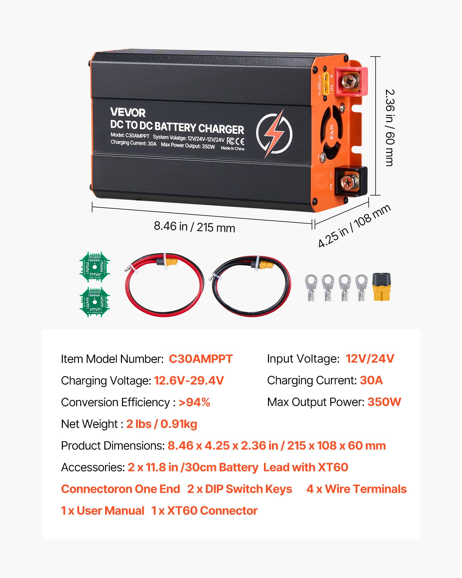 VEVOR Caricabatterie CC-CC per Batteria al Piombo LiFePO4, Caricabatterie con MPPT Potenza 350 W Corrente 30 A 12V/24V-12V/24V Ingresso Doppio per Camper Barca Auto, Tensione Carica 12,6V-29,4V