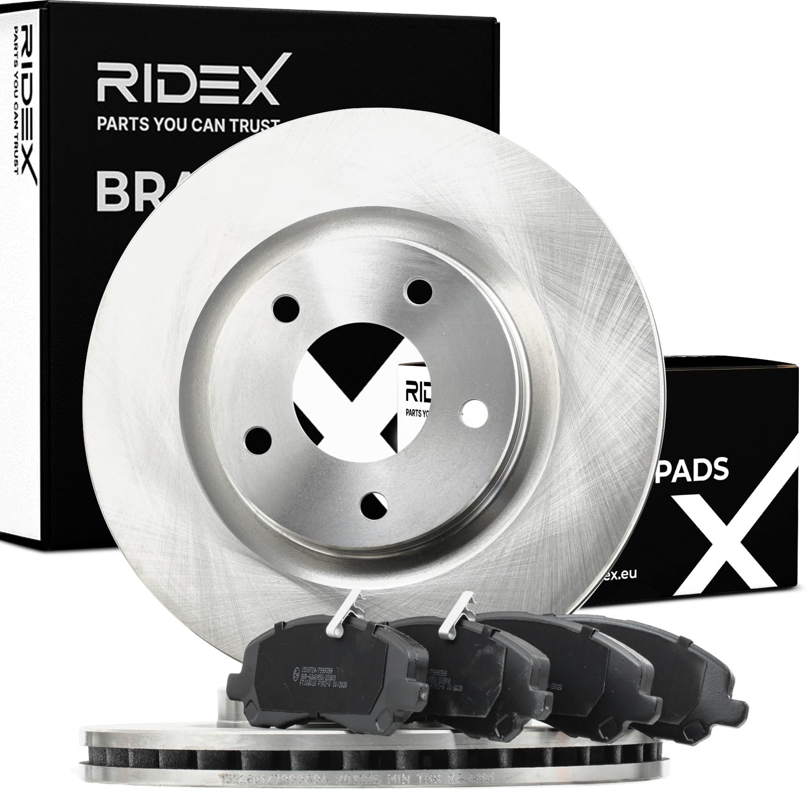 RIDEX 3405B1162 Juego para eje Kit de discos de freno y pastillas Delantero con muelle con accesorios con chapa antichirrido Compatible con MITSUBISHI OUTLANDER III GGW, GFW, ZJ