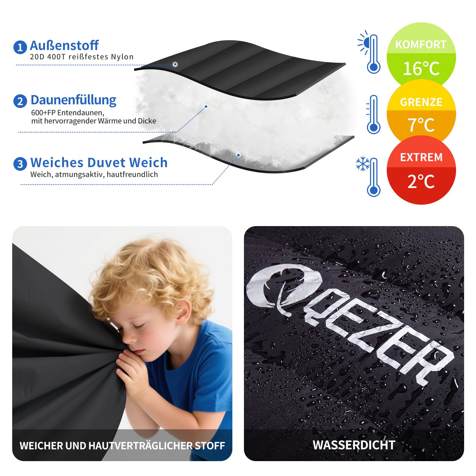 Daunenschlafsack, Schlafsack Ultraleicht, 600FP+ Premium Daunen, Geeignet für Winter/Sommer, geeignet für Camping, Wandern und Outdoor-Trekking