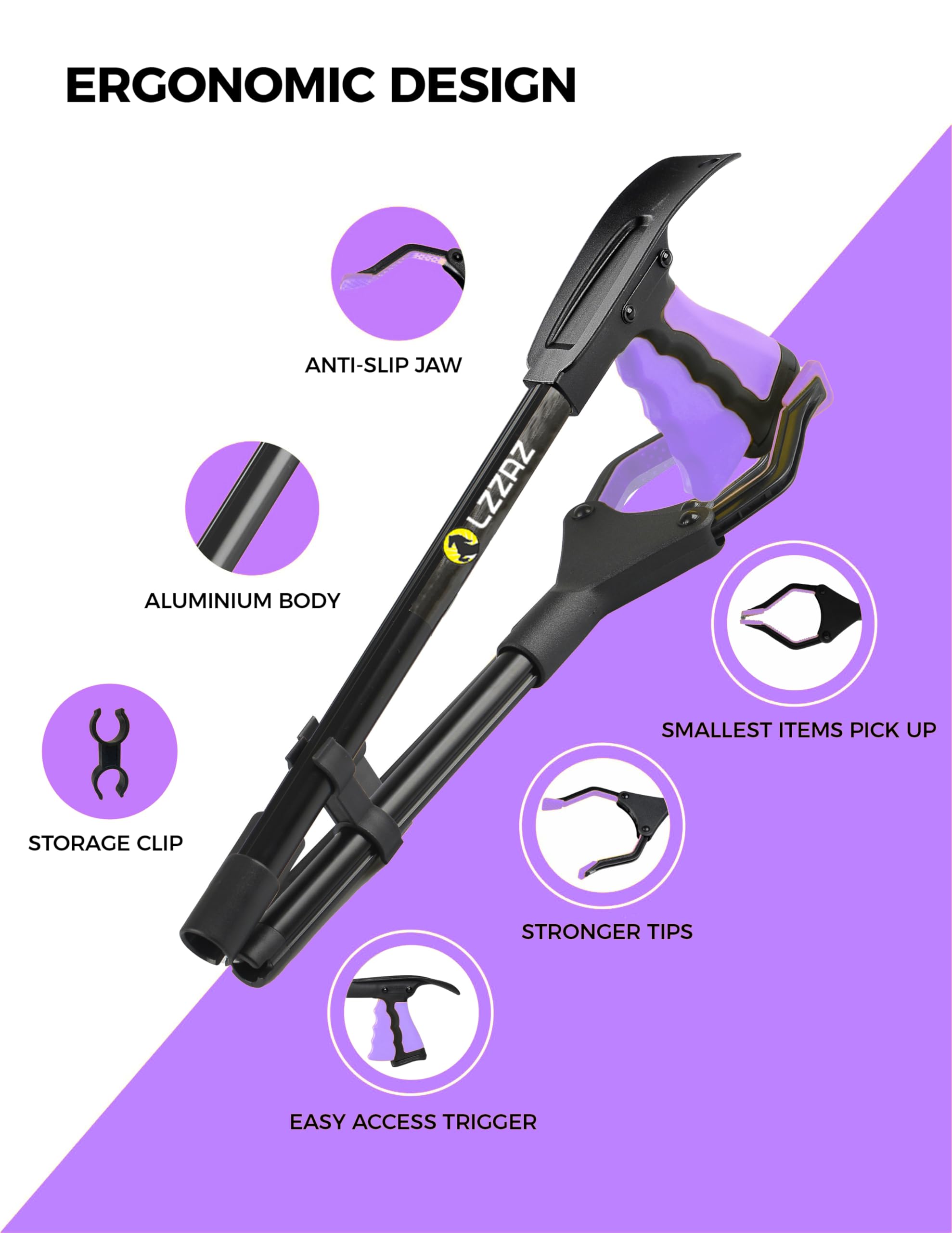 Ramasse-litière de qualité supérieure avec chausse-pied, bâton de préhension de 81 cm, tête rotative à 360°, aide à la mobilité pour adultes et handicapés (81,3 cm, violet).
