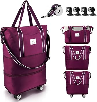 Arxus Rolling Duffle Bag with Detachable Wheels and Adjustable Shoulder Strap, Large Expandable Foldable Carry On Luggage Bag with Handle and Suitcase Sleeve, Weekender Bag for Travel Airplane 25L-55L