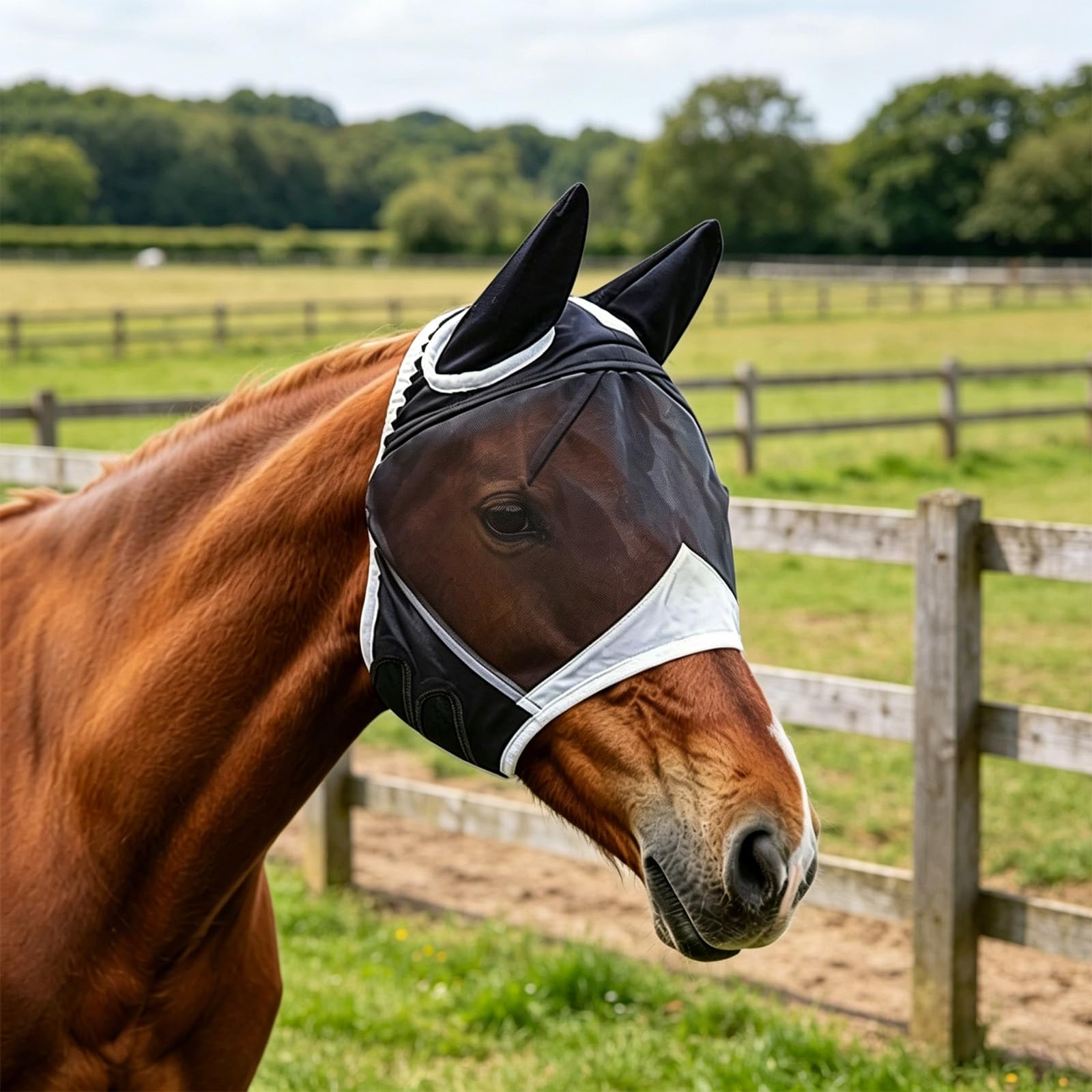 Masque Anti-Mouches Noir pour Chevaux Protection UV Respirant (L)
