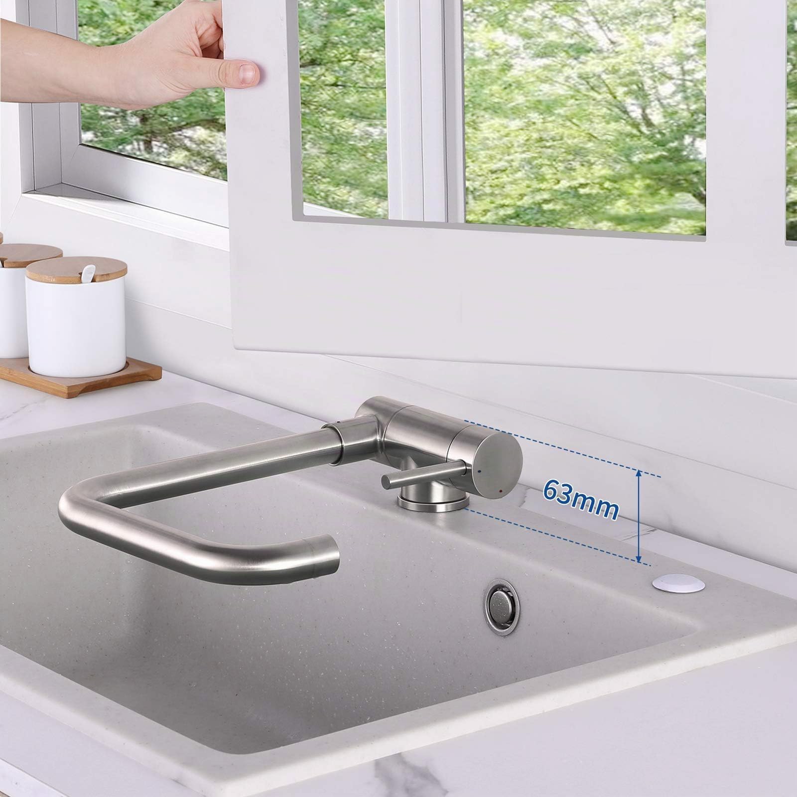 Lonheo Mitigeur Cuisine Rabattable Pivotant à 360°, Robinet Cuisine avec Poignée Pliable Contre Fenêtre, Robinet Mitigeur Evier Acier Inox 304 à Eau Chaude et Froide pour Cuisine