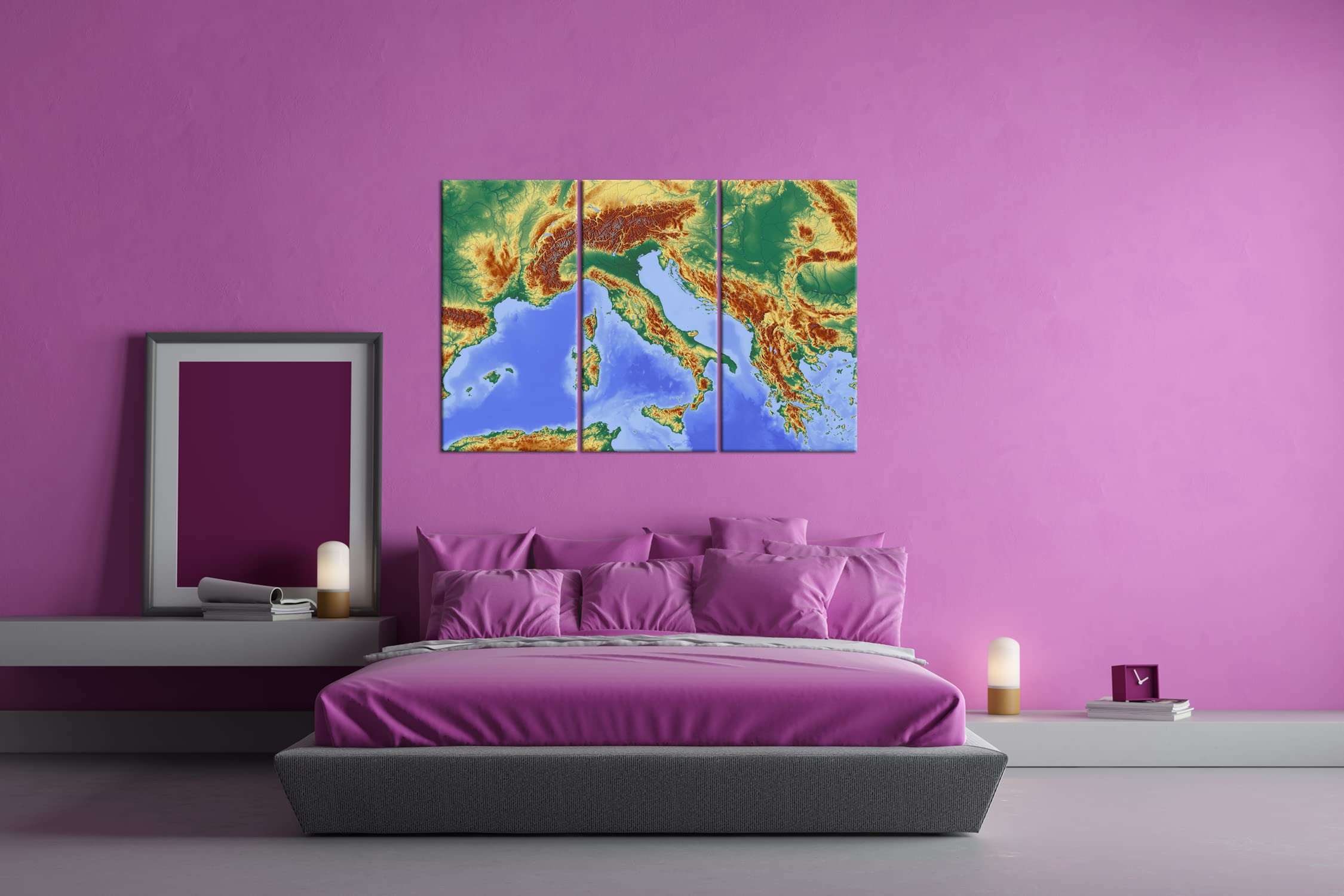 Mapa de los Alpes (Lienzo, Marco de Madera auténtica, impresión Digital Marco, sin póster ni Cartel), Dreiteilig (120x80)