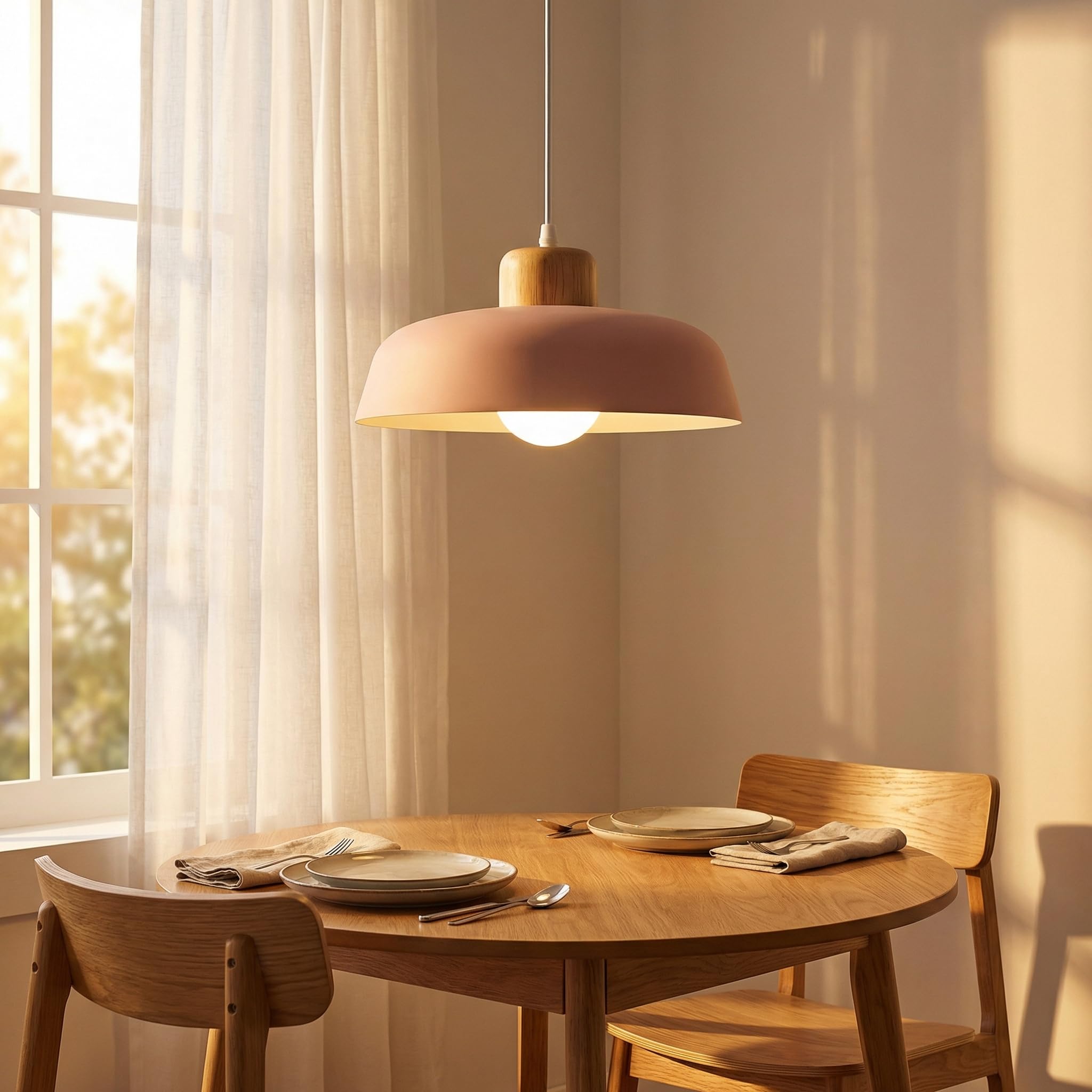 ⌀30cm Pendelleuchte Esstisch, Moderne Bunt Hängeleuchte aus Metall & Holz E27-Fassung, Höhenverstellbar Hängelampe für Küchen, Esszimmer, Schlafzimmer & Wohnzimmer (Rosa)