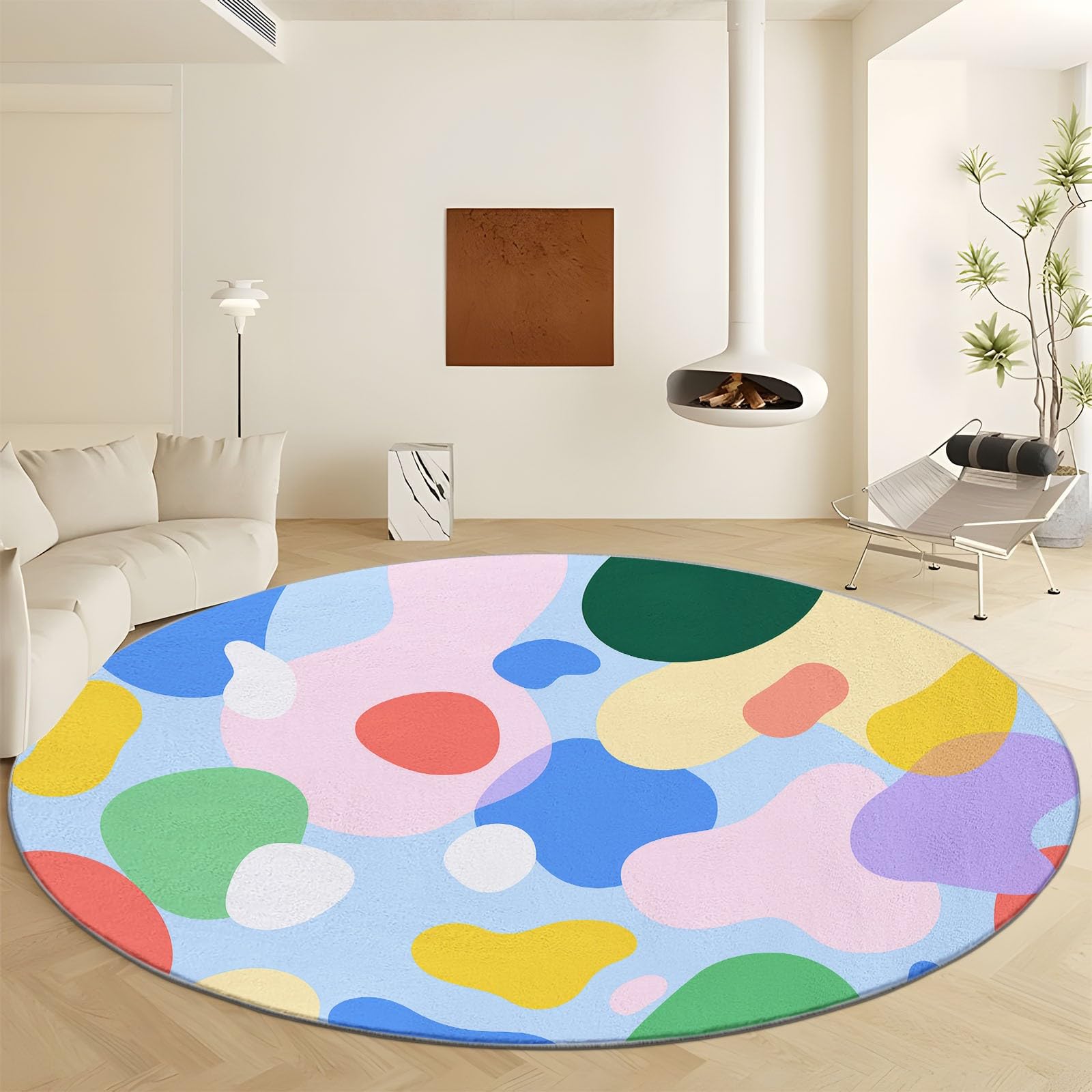 Waschbare Runde Teppiche 100 cm, Farbenfroh Unregelmäßig Geometrisch Rutschfester Runder Teppich für Wohnzimmer - Dynamisches Design Weicher Niedrigfloriger Teppich für Unter den Esstisch Kinderzimmer