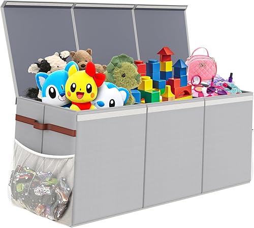 Caja de juguetes extra grande y resistente, 40 x 16 x 14 pulgadas, contenedores de almacenamiento de animales de peluche con tapas, contenedores