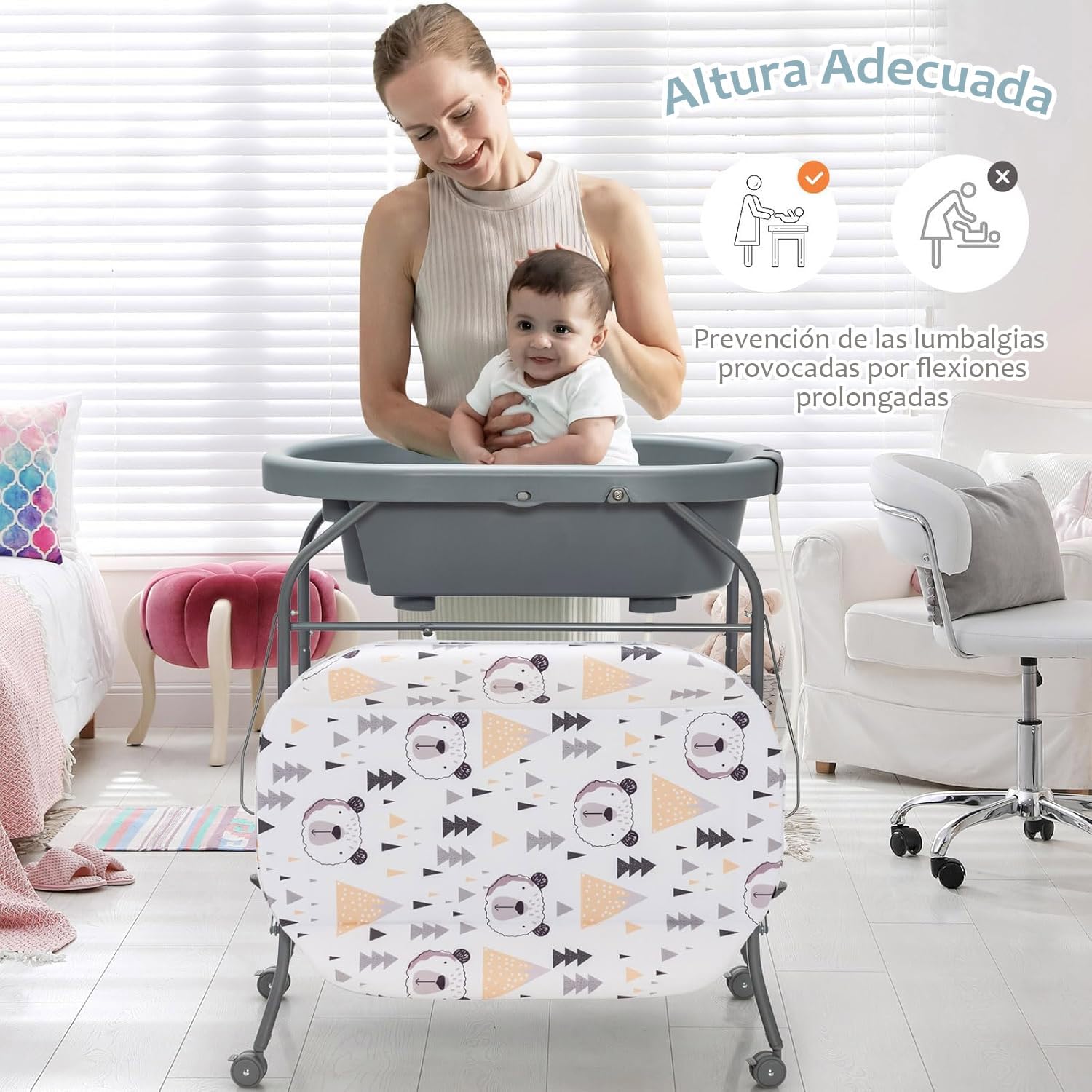 RELAX4LIFE 4 en 1 Cambiador/Bañera Bebe Plegable con 4 Ruedas Universales Bloqueables y 1 Estante, Cambiador Bebe Portátil con Cojín Impermeable, Bañera para Bebé 0-12 Meses, Carga 35kg (Gris Oscuro)