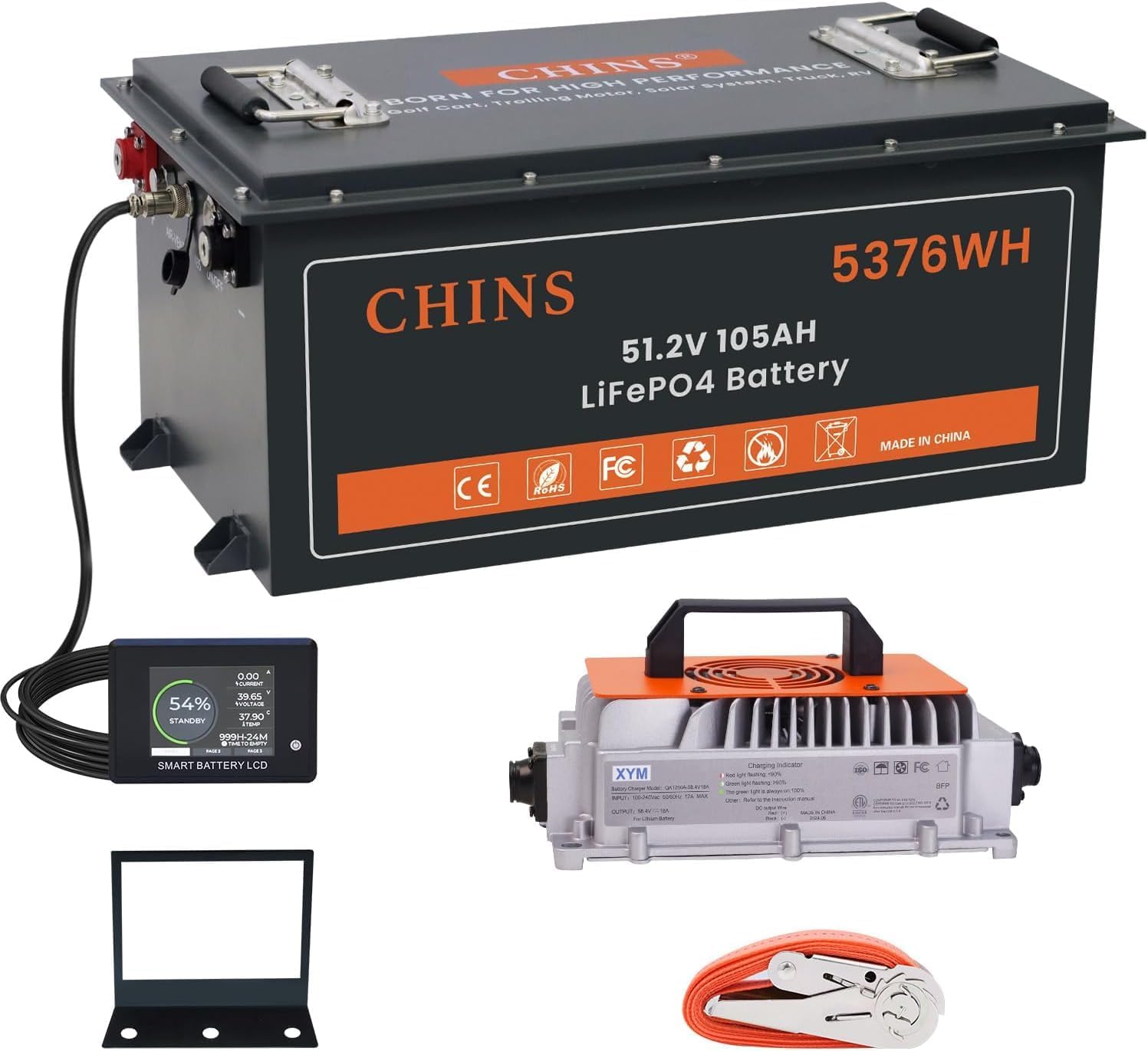 CHINS 48V 105AH Lithium Golf Cart Battery, 200A BMS, Includes 48V 18A Charger, Monitor, 5000+ Cycles
