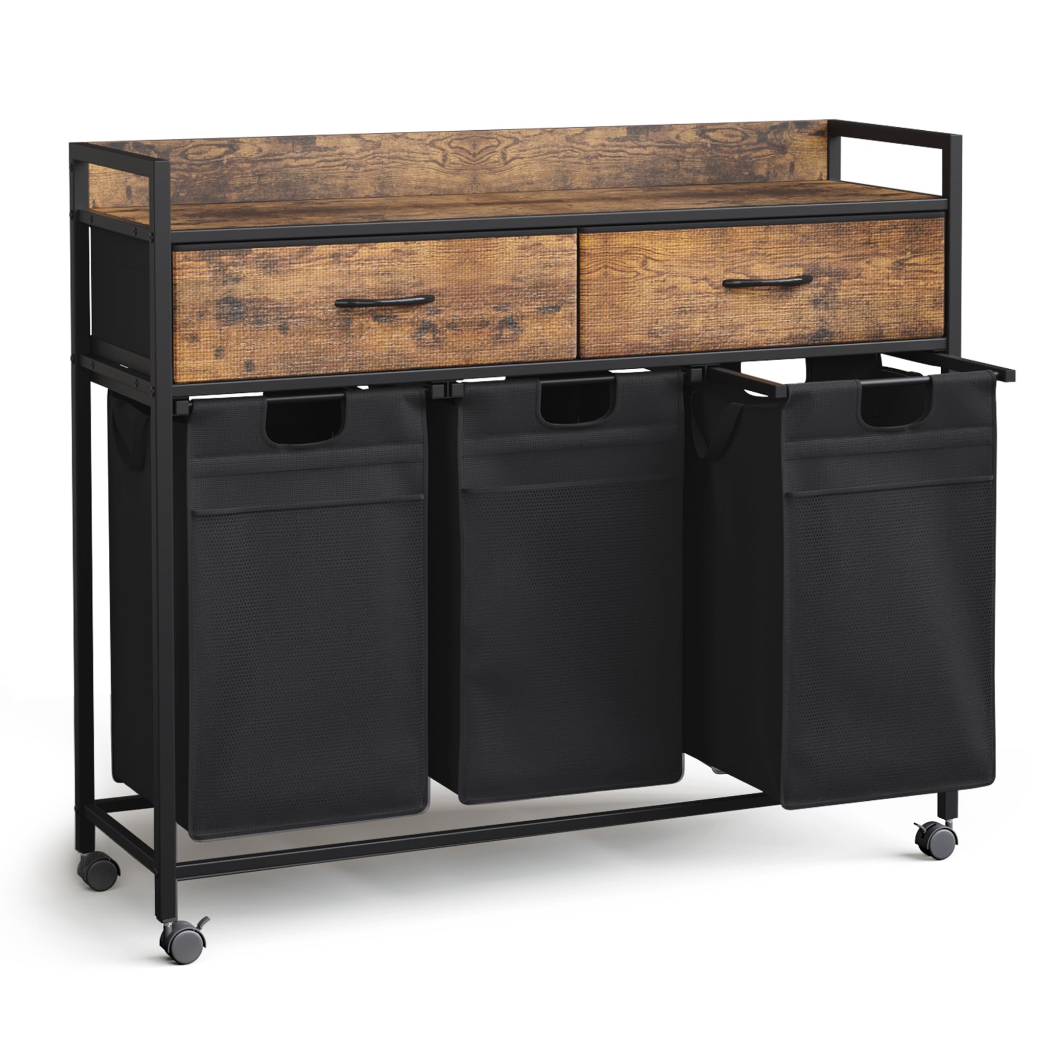 Mondeer Wäschekorb 3 Fächer, Wäschesammler mit 2 Schubladen ausziehbar und herausnehmbare Wäschesäcke, Für Waschküche Schlafzimmer Badezimmer, 3x50L, 106 x 33 x 91.5 cm, Vintagebraun und Schwarz