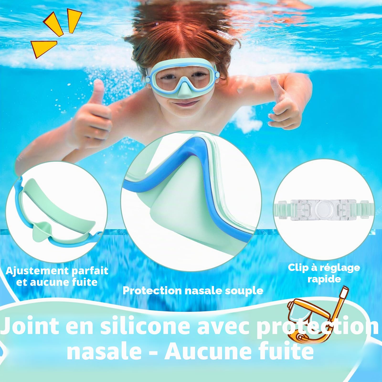 Vvinca Lunettes de natation pour enfants avec protection du nez, masque de plongée, vision large, anti-buée, UV, verres anti-éblouissement, pour enfants de 3 à 8 ans