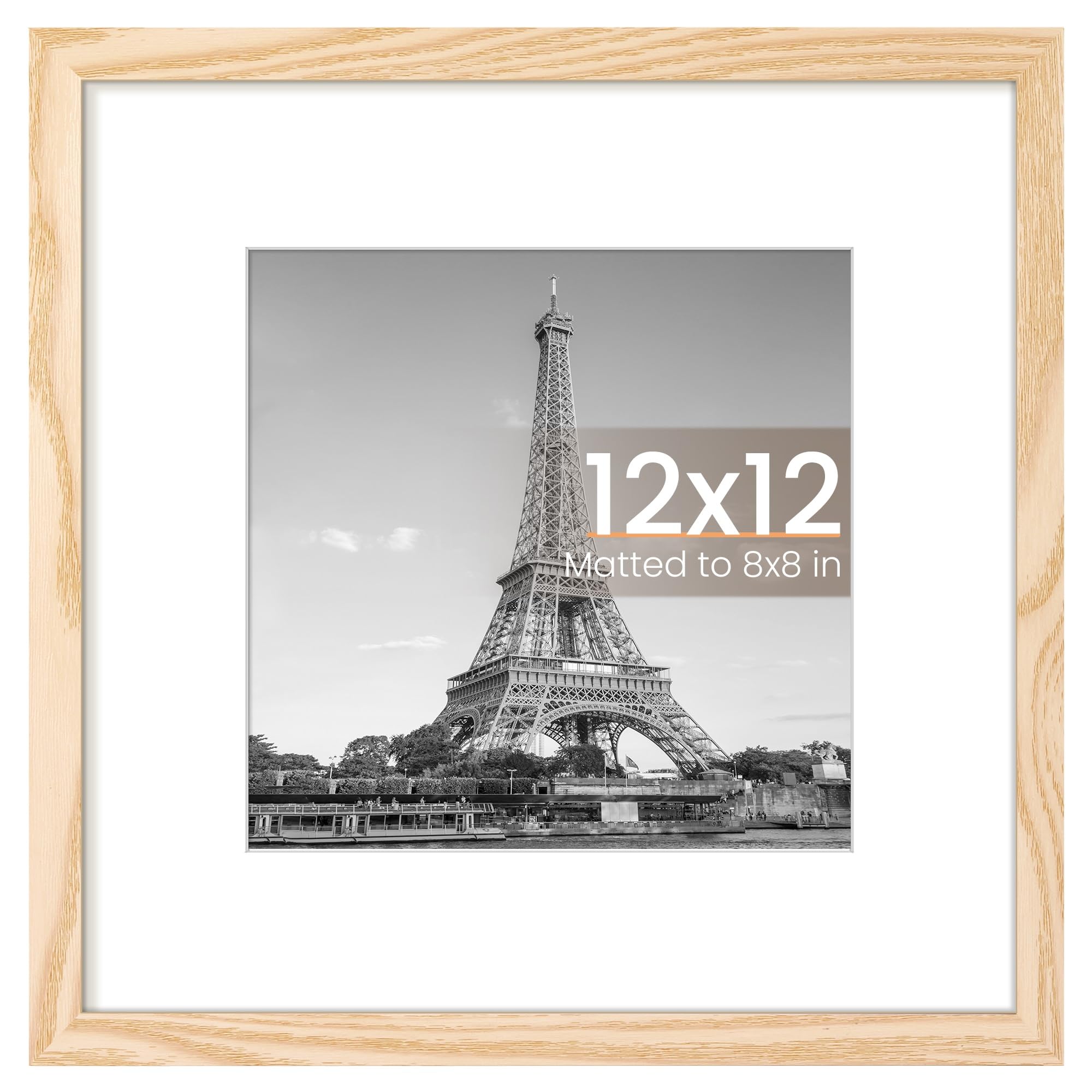 upsimples 12x12 Picture Frame, Display Pictures 8x8 with Mat or 12 x 12 Without, Wall Hanging Square Frames, Natural Style, 1 Pack