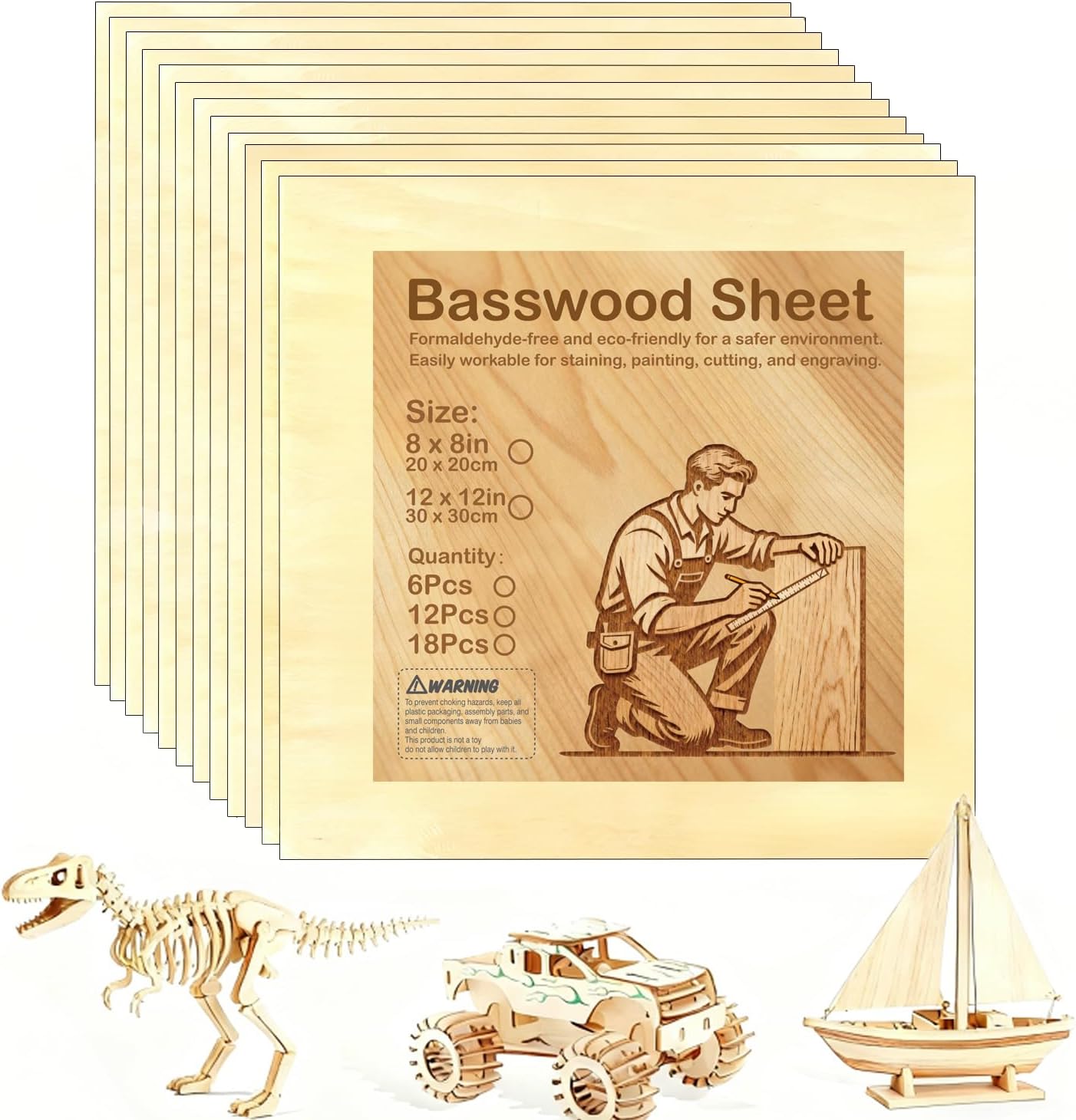 Basswood Sheet - 12 x 12 x 1/8 Inch 12 Pack - 3mm Plywood Blanks Smooth Surface for Laser Cutting, Burning, Engraving, Crafts, Staining, Drawing, Architectural Model