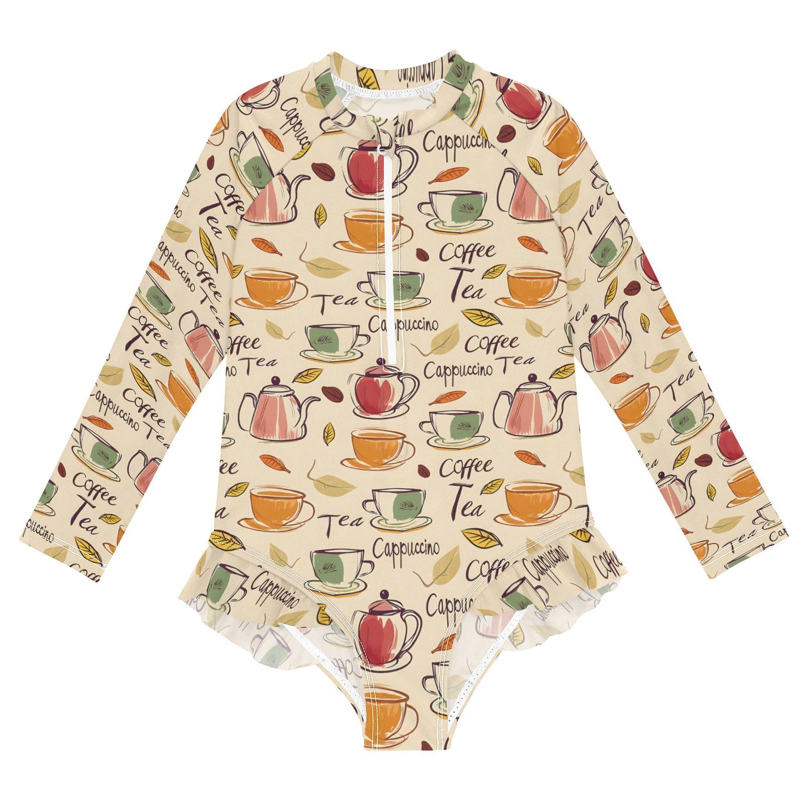 ALAZA Swimsuit for Girls Long Sleeve Rashguard Bathing Suit Coffee Tea Cappuccino Quick Dry 4T