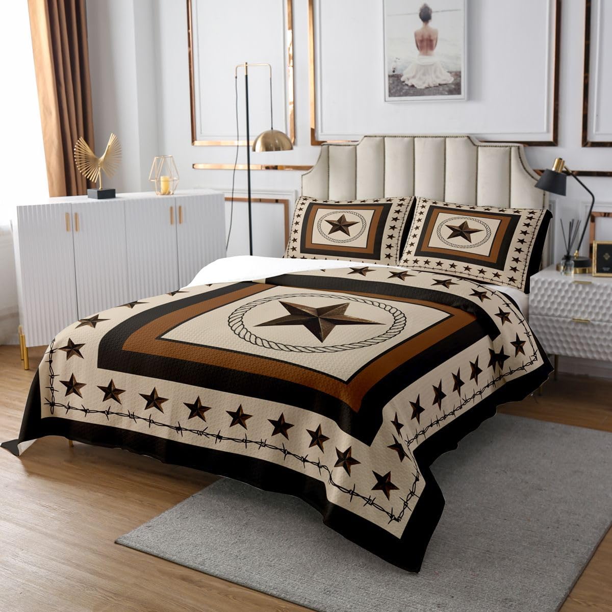 jejeloiu Western Texas Star Print Bedspread King Size Rustic Farmhouse Coverlet Set Vintage Country Star Pattern Quilted Coverlet for All Season with 2 Pillowcases Cowboy Microfiber Lightweight
