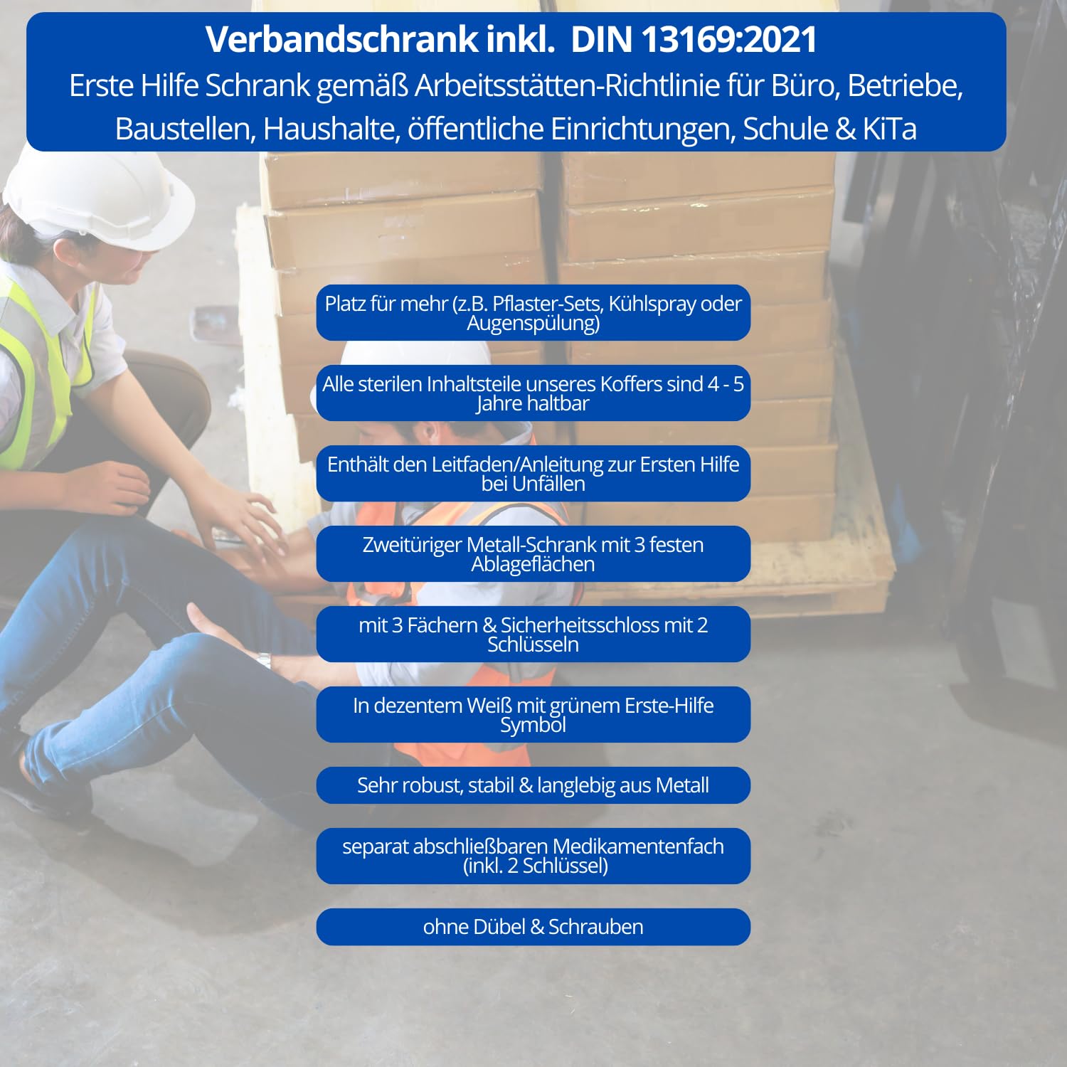 Erste Hilfe Verbandschrank DIN 13169:2021, Medizinschrank mit 3 Fächern (zweitürig) + abschließbares Medikamentenfach & Sicherheitsschloss – aus Metall, 60 x 50 x 13 cm – groß, robust - zum Aufhängen