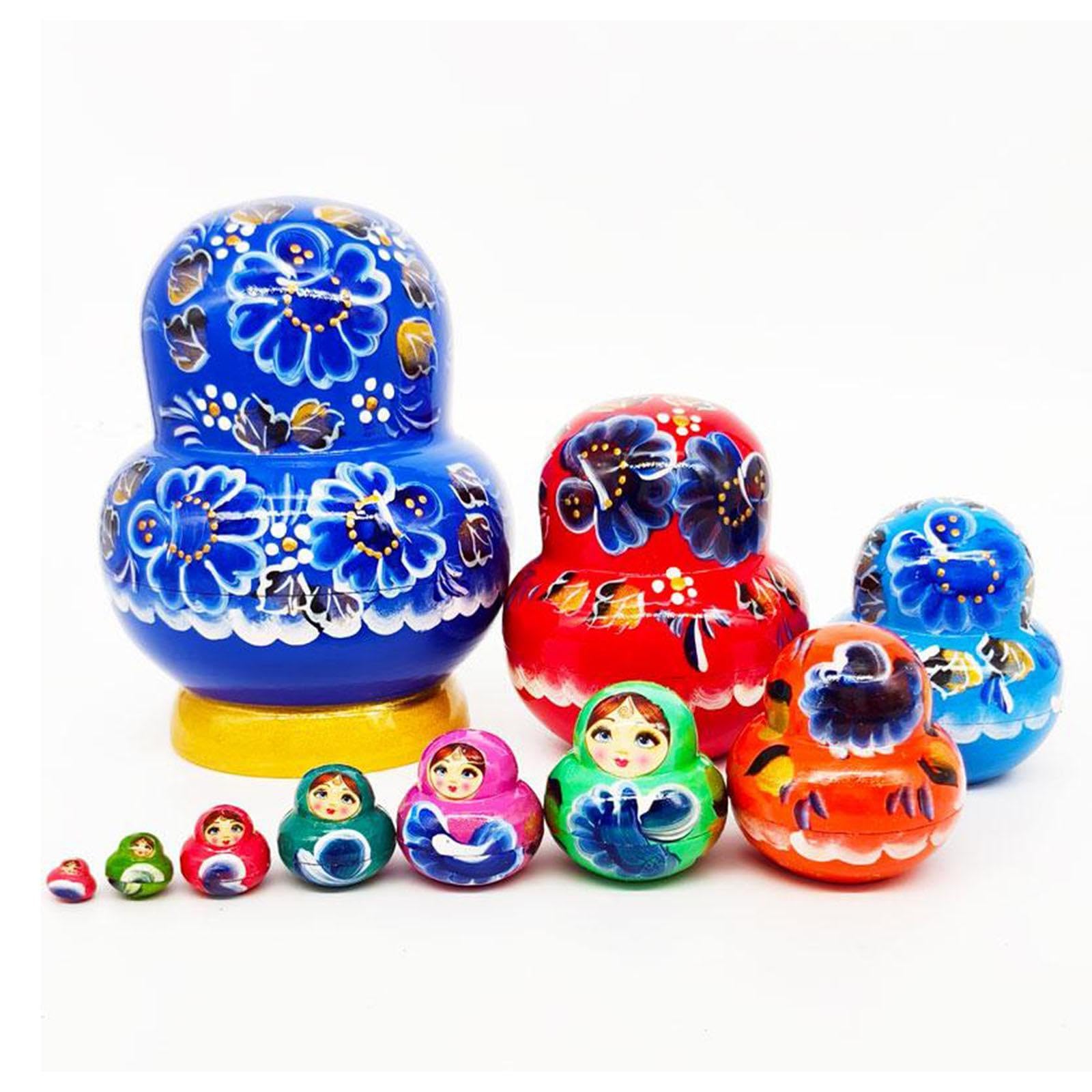 10 Piezas Matrioska Juguete de Madera Apilable Hecho a Mano Pintada a Mano Tradicional Regalo Adecuado para Decoración del Hogar, Azul
