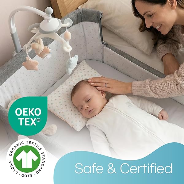Comfier Sleep Next To Me Crib Sheets 51x85cm – Award-Winning 2 Pack 100% Organic Cotton Grey Bedside Crib Fitted Sheets – Soft Breathable Tutti Bambini CoZee Fitted Sheets for Daily Use in use
