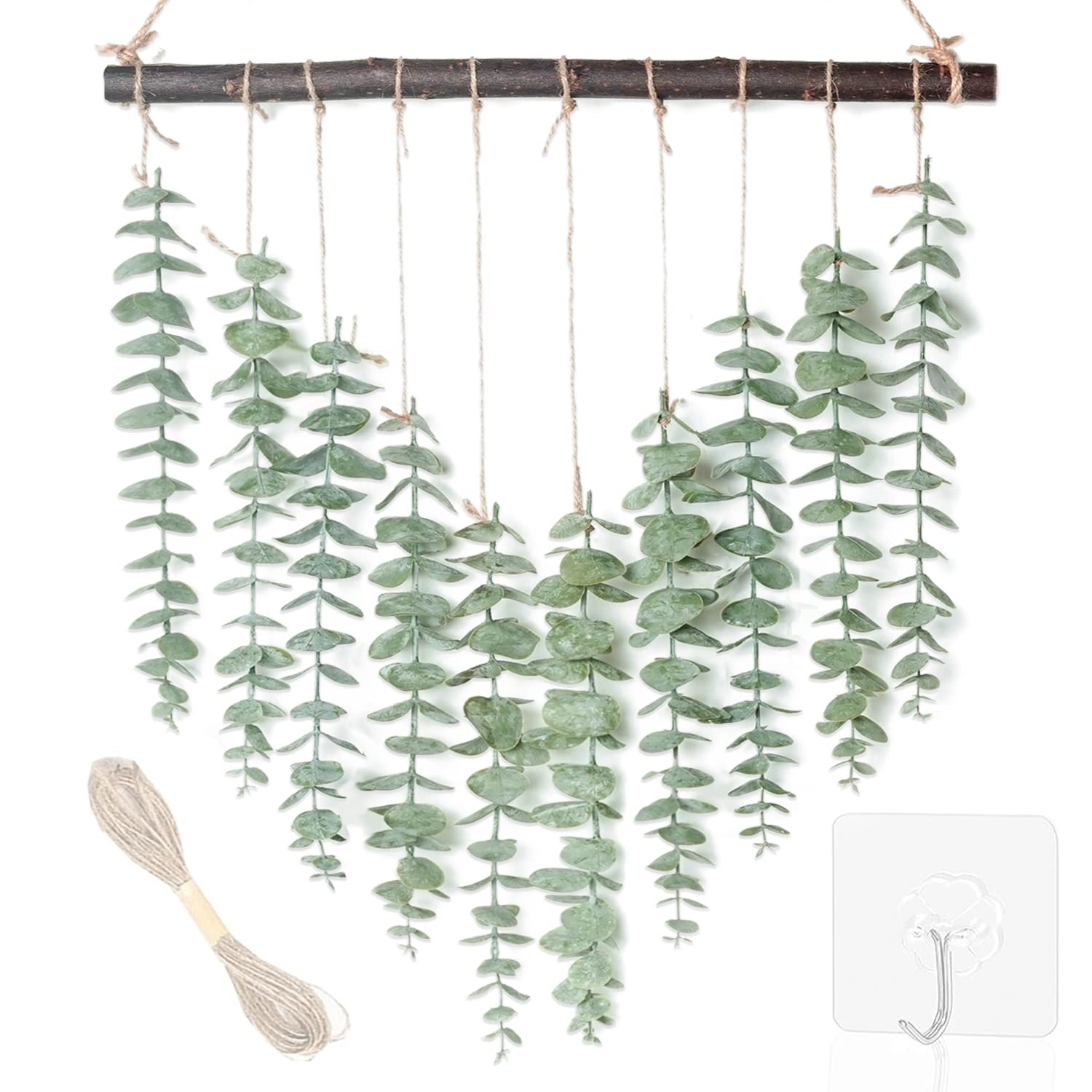 Artificial Eucalyptus Greenery Hanging Wall Decor Fake Eucalyptus Vines Wall Hanging Plants with Wooden Stick Farmhouse Rustic Boho Wall Decor for Bedroom, Living Room, Entryway and Bathroom Decor