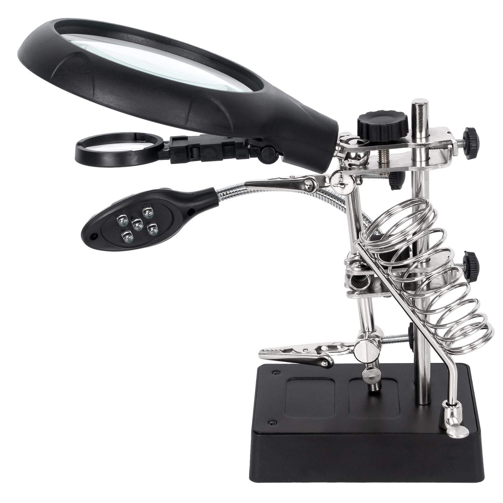 AORAEM 2.5X 7.5X 10X LED Light Helping Hands Magnifier Station,Magnifying Glass Stand with Clamp and Alligator Clips