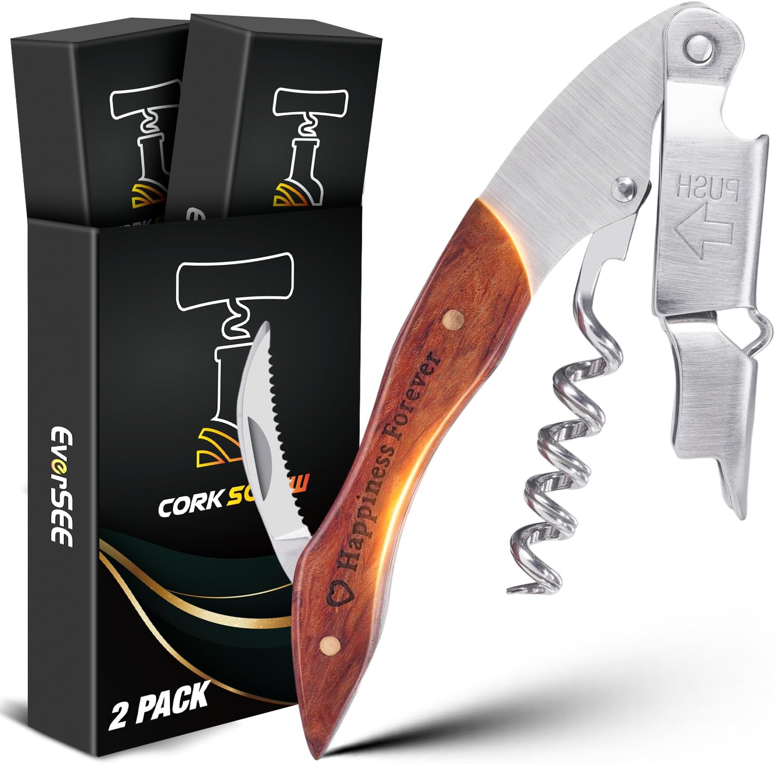 2Pack EVERSEE Wine Corkscrew Bottle Opener Christmas Stocking Stuffers for Men Women Adults Gifts, 4-in-1 Wine Key Birthday Gadget Dad Him Husband Wife Who Have Everything House Warming Gifts