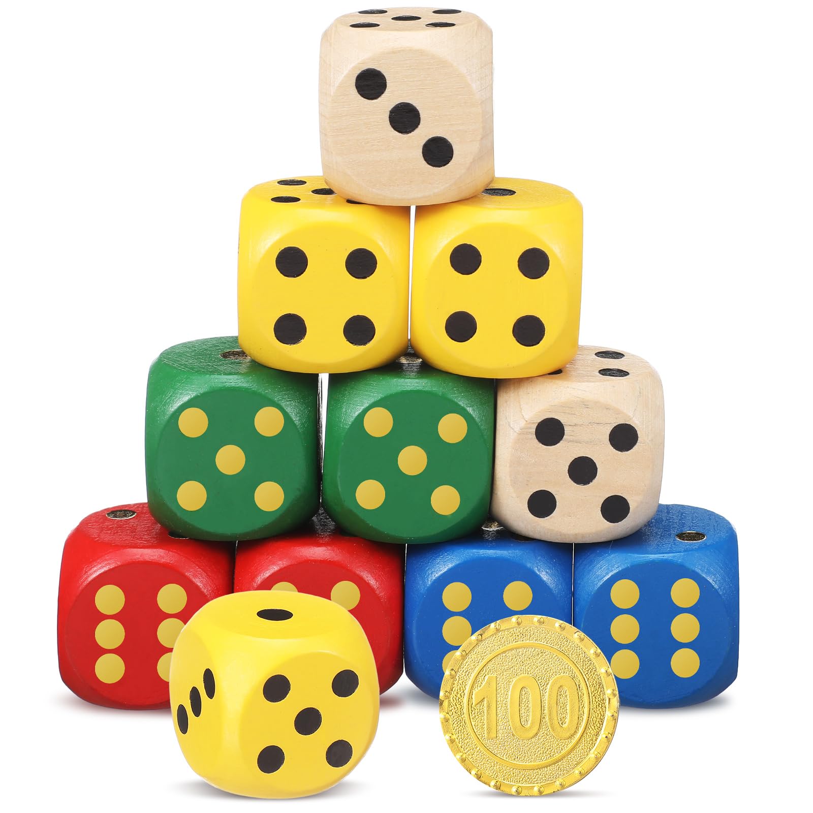 Poen Juego de 10 dados de madera de 30 mm, D6, grandes, gigantes, de 6 caras, a granel con números del 1 al 6, dados redondos para juegos de mesa, recuerdos de fiesta (multicolor)