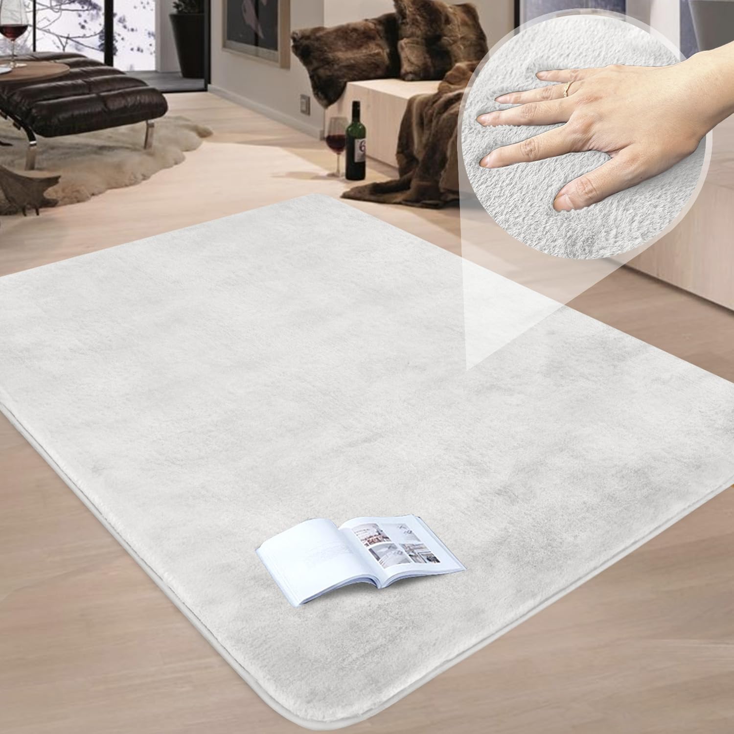GranbestLuxury Thicken Carpet Resembling Rabbit Fur Stylish Plush 1100GSM Carpet Anti-slip Area Rugs for Bedside Living Room Kitchen Home Decor (160 x 230cm, Ivory)