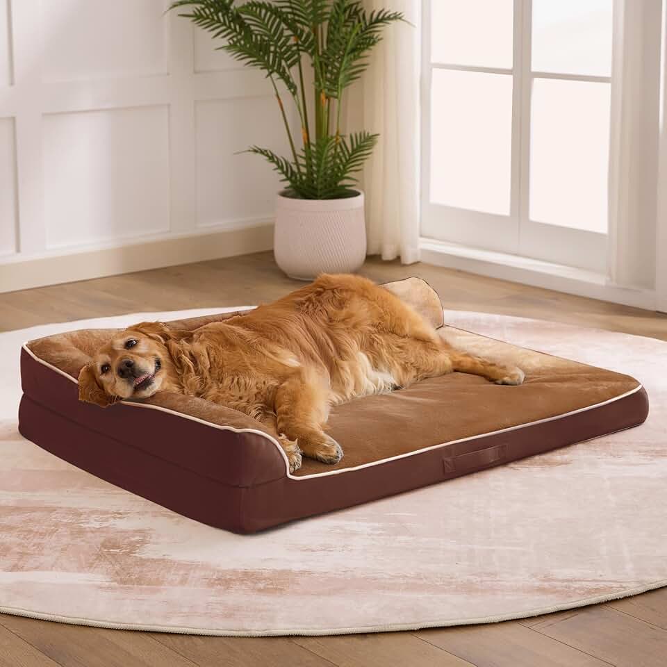 Dog Bed Large Sized Dogs, XL Orthopedic Dog Bed for Large Dogs, Waterproof Pet Bed with Washable Removable Cover, L-Shaped Pet Couch with Portable Handle 42"x30"x7.5", Brown OEKO-TEX STANDARD 100