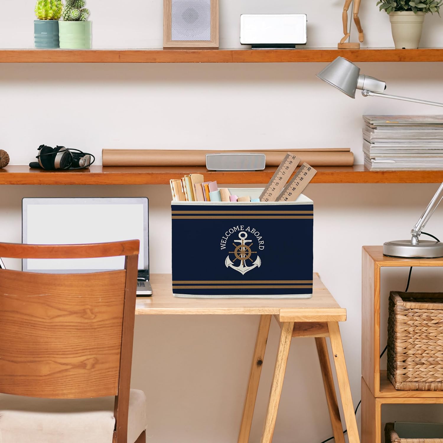 Navy Blue Nautical Anchor Storage Boxes, Welcome Aboard Decor Cube Storage Bin for Bedroom Living Room Playroom, Vintage Nautical Boat Decor Organizer Bins for Shelves, 14.2"x10.6" x10.6"
