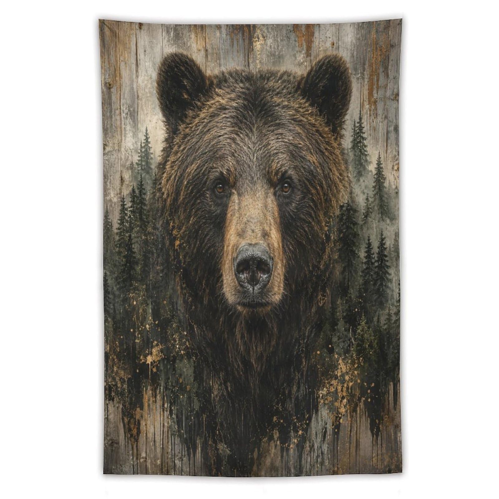 H3B8U2Y5 Brown Bear Pine Forest Wall Tapestry, Rustic Wildlife