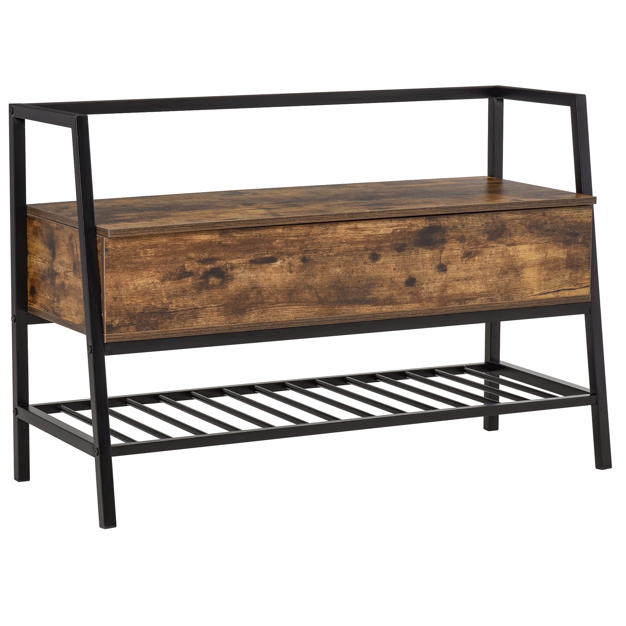 HOMCOM Mobile Scarpiera in Stile Industriale con Vano, Panca Scarpiera Vintage Salvaspazio in Legno e Metallo, Marrone Rustico, 90x37x60cm