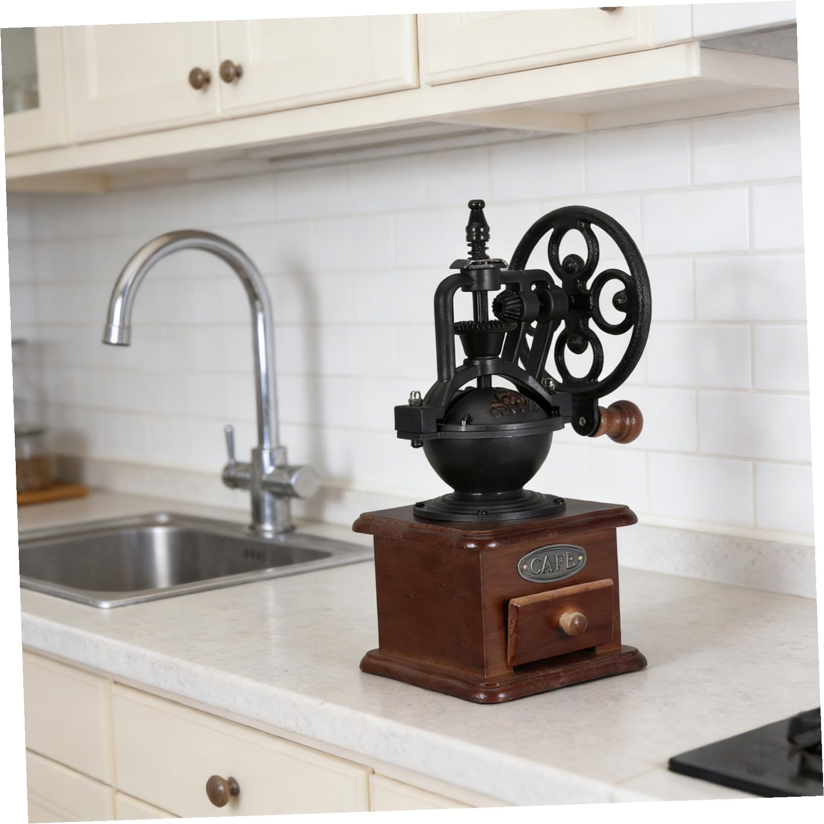 Molinillo de Café Manual Manivela, Base de Madera y Muelas de Cerámica para Molienda Ultra Fina, Adecuado para Cocina y Camping