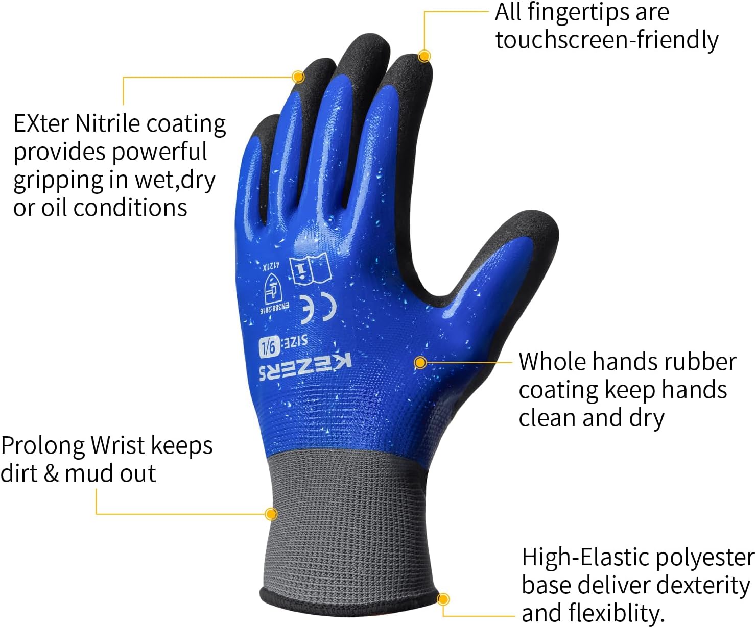 KEZERS Waterproof Work Gloves,12 Pairs Nitrile Coated Gloves for Men & Women,Non-slip Working Gloves for Garden Outdoor
