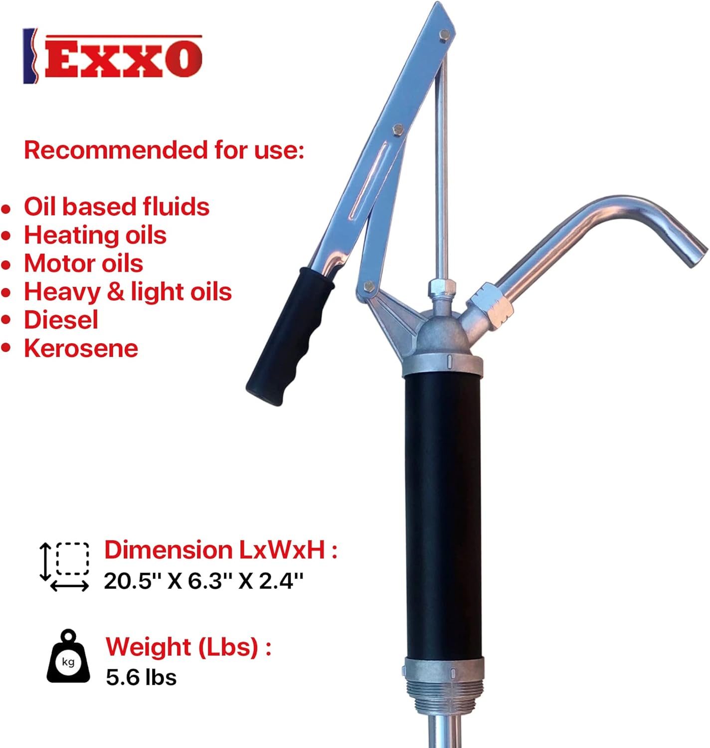 EXXO 15-55 Gallon Drum Pump - Heavy Duty Steel, Universal Fit, Manual Operation, Compatible with Oil Based Fluids, Motor Oil, Diesel, Kerosene
