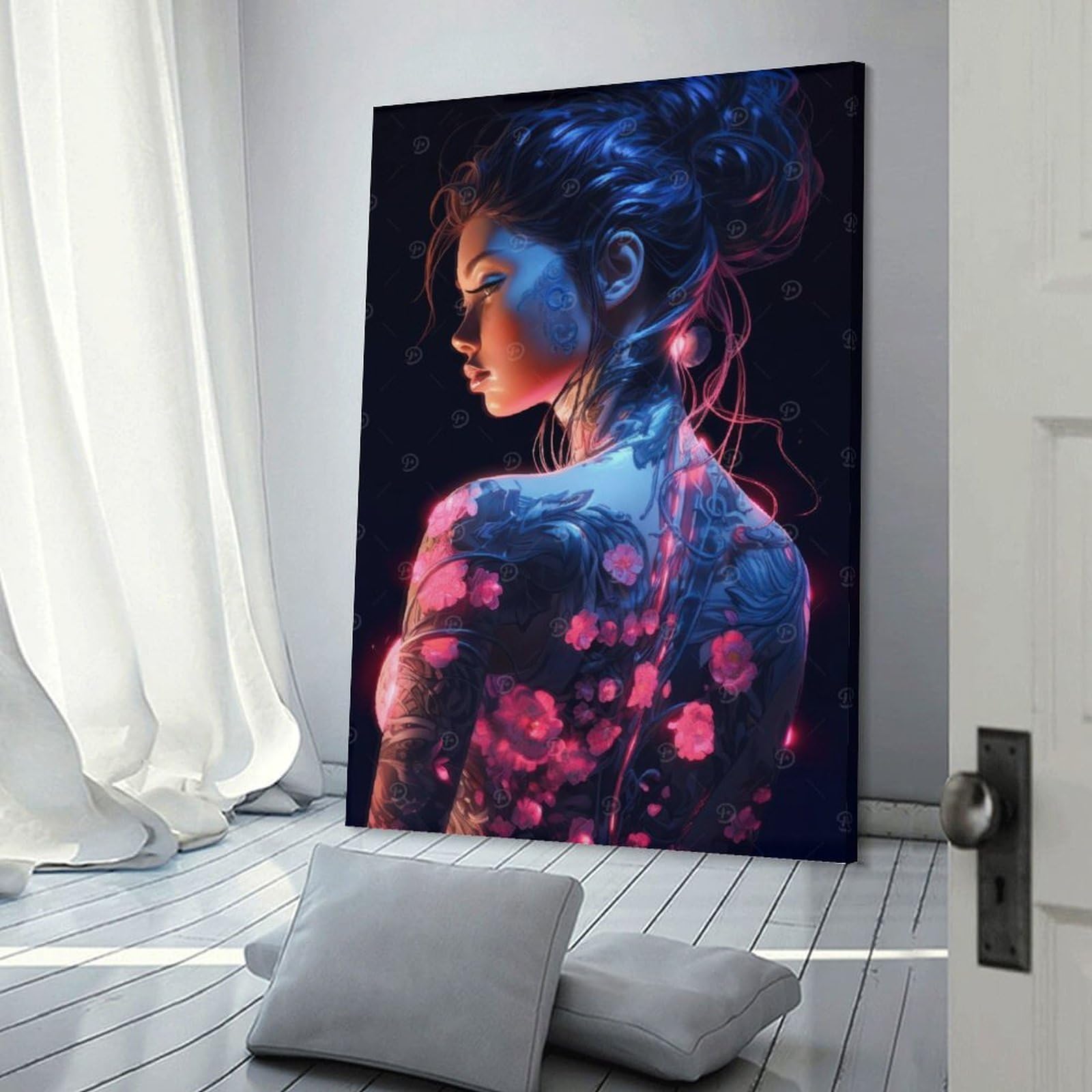 Junmoney Canvas Wall Picture Floral Cyberpunk Girl, 24x36inch(60x90cm), for Office, Study Or Home Workspace, Canvas Wall Decor for Creative Rooms