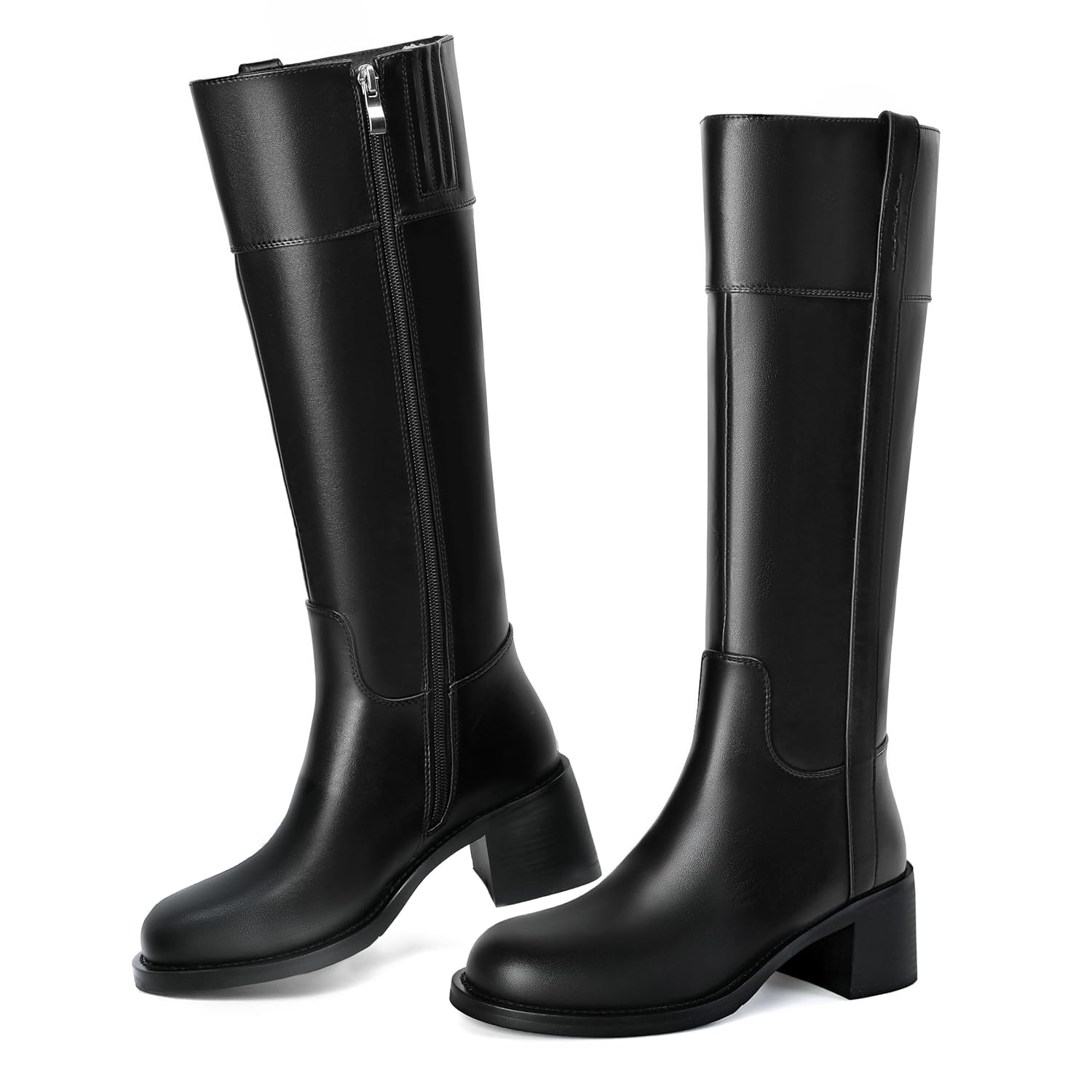 Reitoye Knee High Boots Women Round Toe Chunky Block Heeled Boots Side Zipper Tall Gogo Boots Shoes