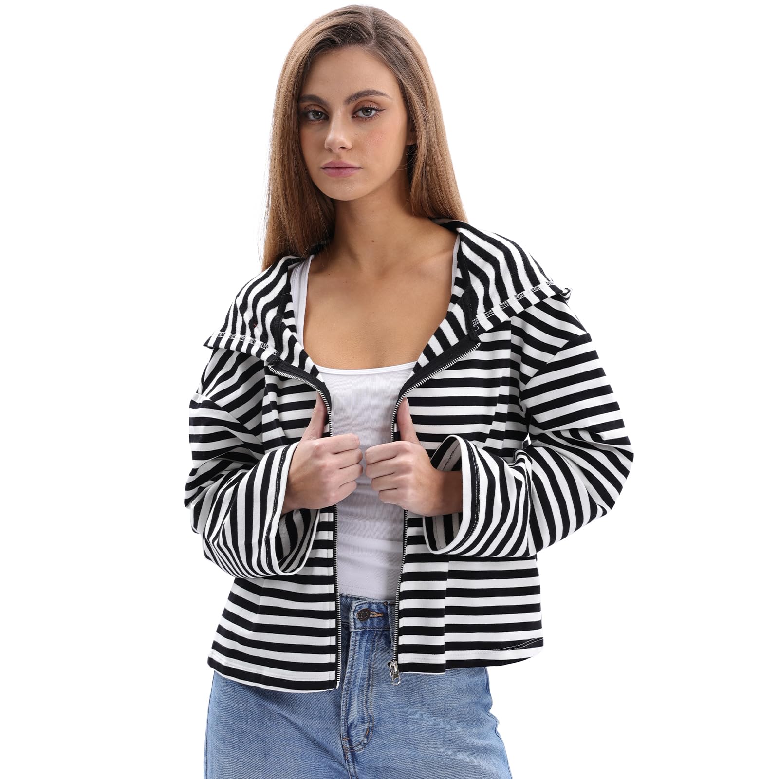 Amazhiyu Felpe con cappuccio a righe da donna UK, giacca oversize a maniche lunghe con cerniera intera, abbigliamento primaverile con cappuccio a righe S-XL
