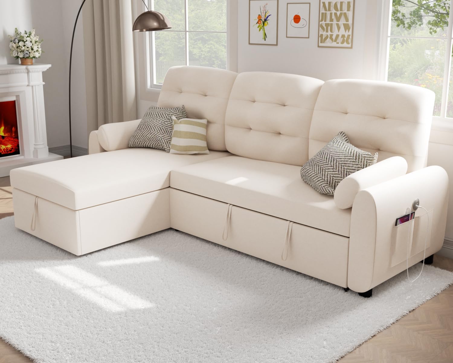 Diagram showing the dimensions of the Ucloveria 87 inch sectional sleeper sofa bed, including length, depth, and height.