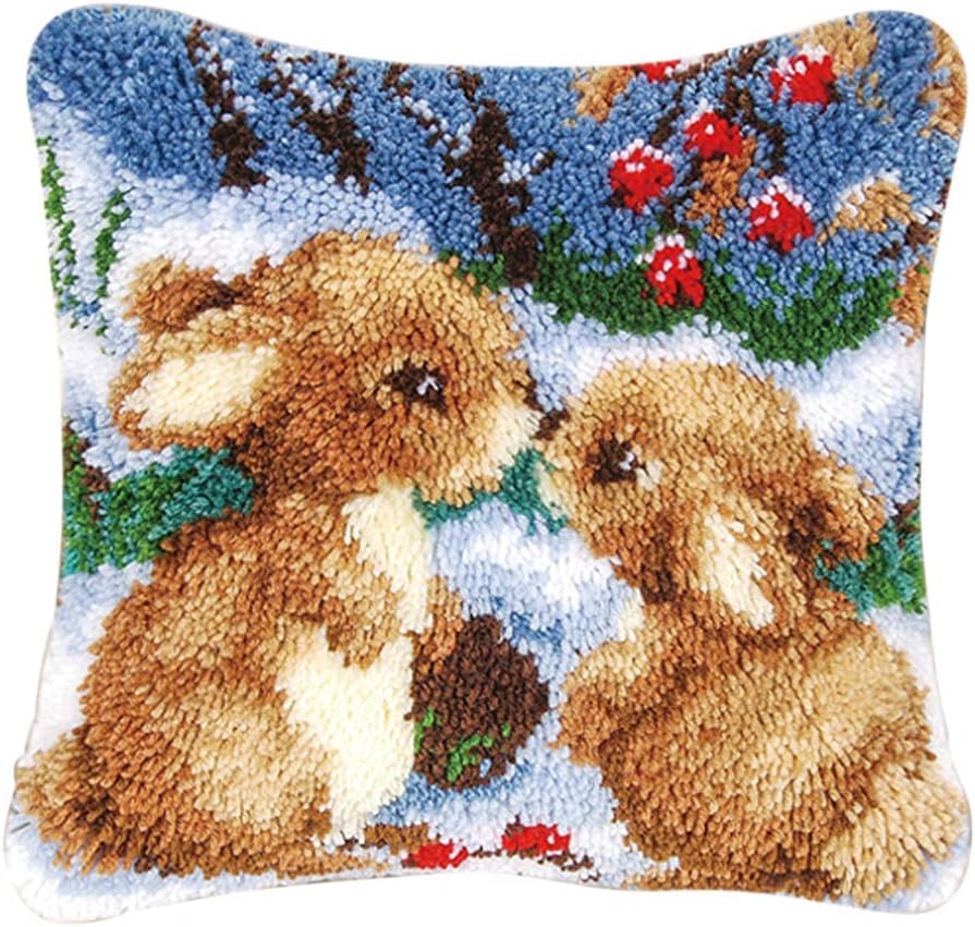 Latch Hook Kit DIY Pillow Cover Handcraft Printed Embroidery Set Crochet Needlework Crafts for Kids & Adults (Rabbit, 17 x 17 inch)