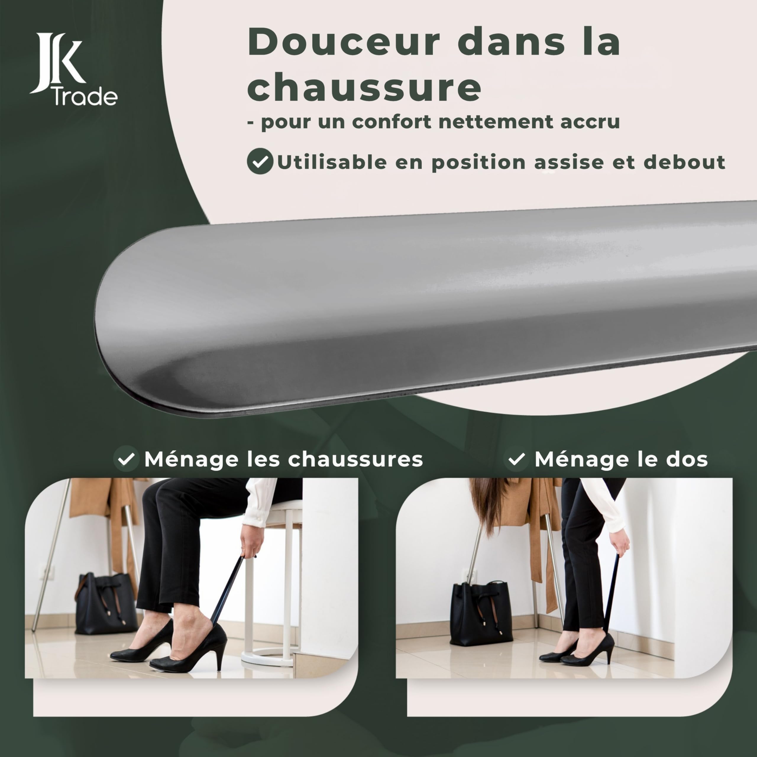 JK Trade Chausse-pied long en acier inoxydable stable de 42 cm - Long chausse-pied en acier inoxydable - Rapide et facile - Longueur et largeur optimisées - Shoe Horn Business - Anthracite