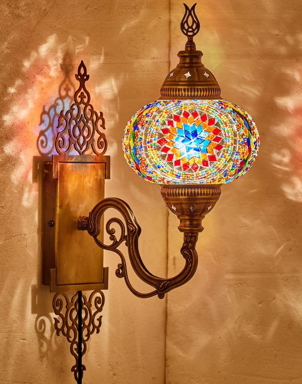 Demmex Multicolor 1 Turkish Moroccan Mosaic Plug-In Wall Sconce Lamp, Handmade Tiffany-Style Glass Globe, Ornate Brass Base, 5.2-Ft Cord, Decorative Lighting For Living Room, Bedroom, Dining Room, 15X5 In, Multicolor