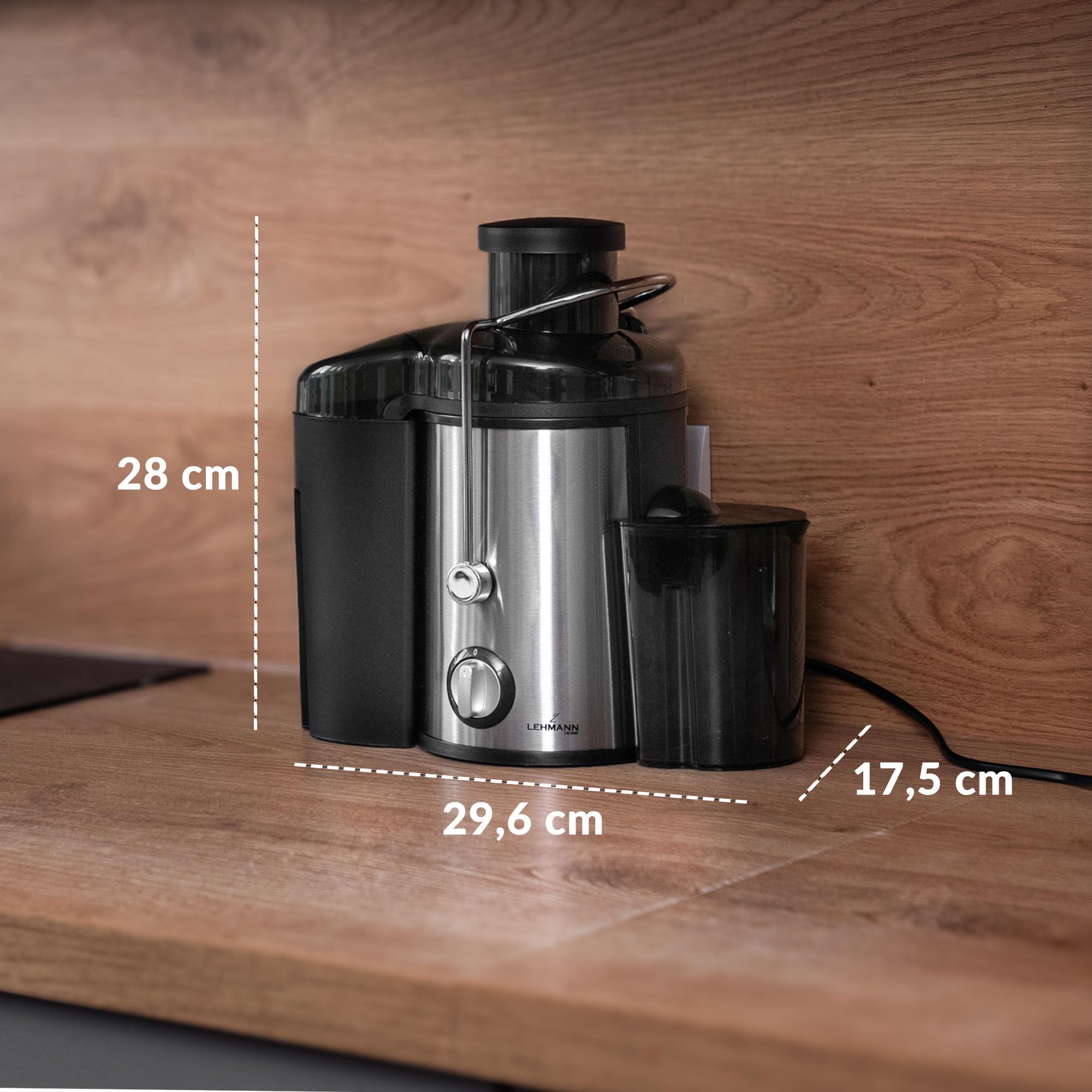 LEHMANN Zentrifugal Entsafter für Obst und Gemüse, Schnelle Saftzubereitung, 75 mm Einfüllschacht, BPA-frei, 2 Geschwindigkeiten, Leicht zu reinigen, elektrische Saftmaschine aus Edelstahl