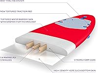 Vista 5 de Tabla de surf de 8 pies con parte superior suave roja con diseño de Wavizm azul gráfico inferior