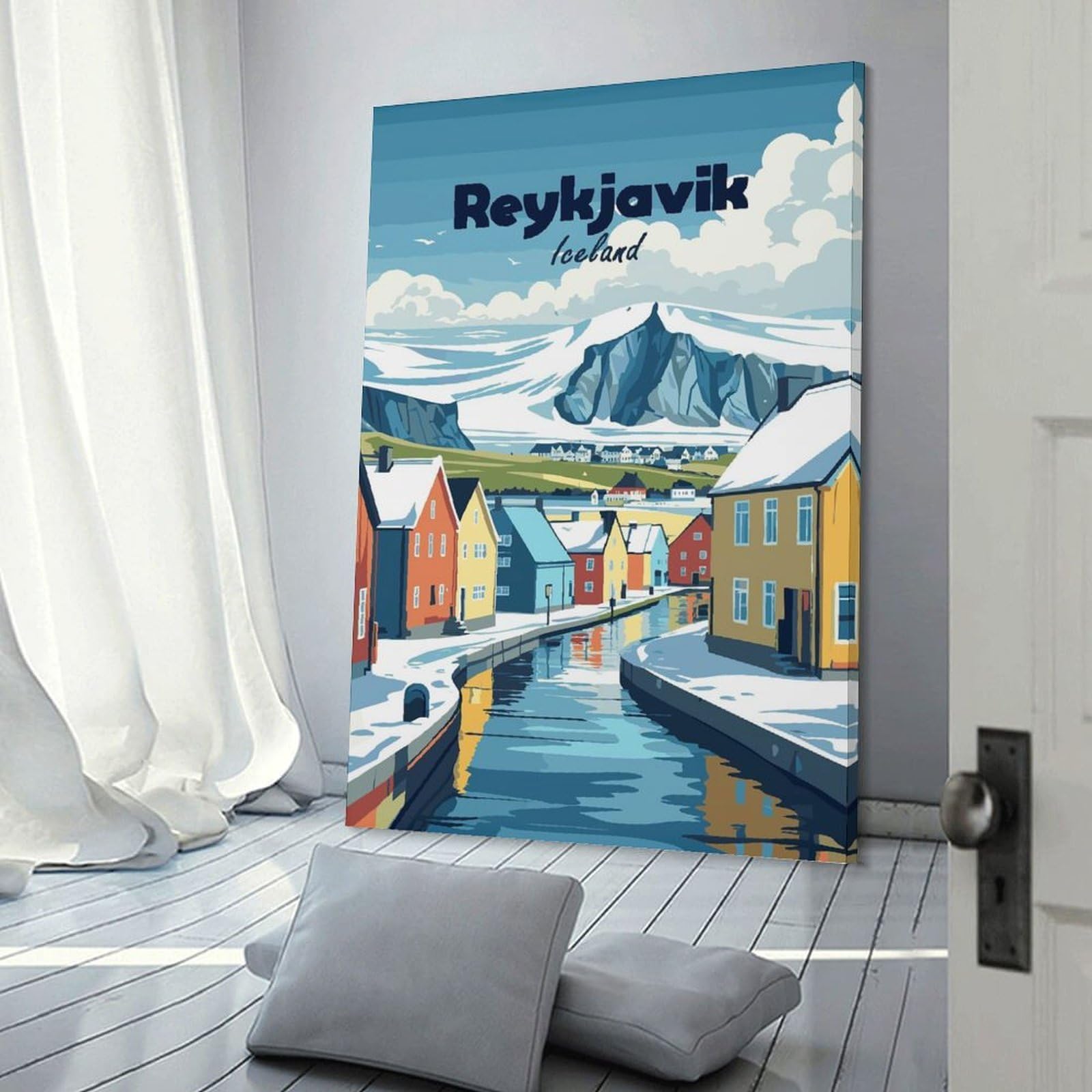 Junmoney Reykjavik Iceland Winter Landscape Illustration Canvas Art Print 20x30inch(50x75cm), for Bedroom Decor, Cosy Corners Or Studios, An Easy Wall Refresh for Bedrooms